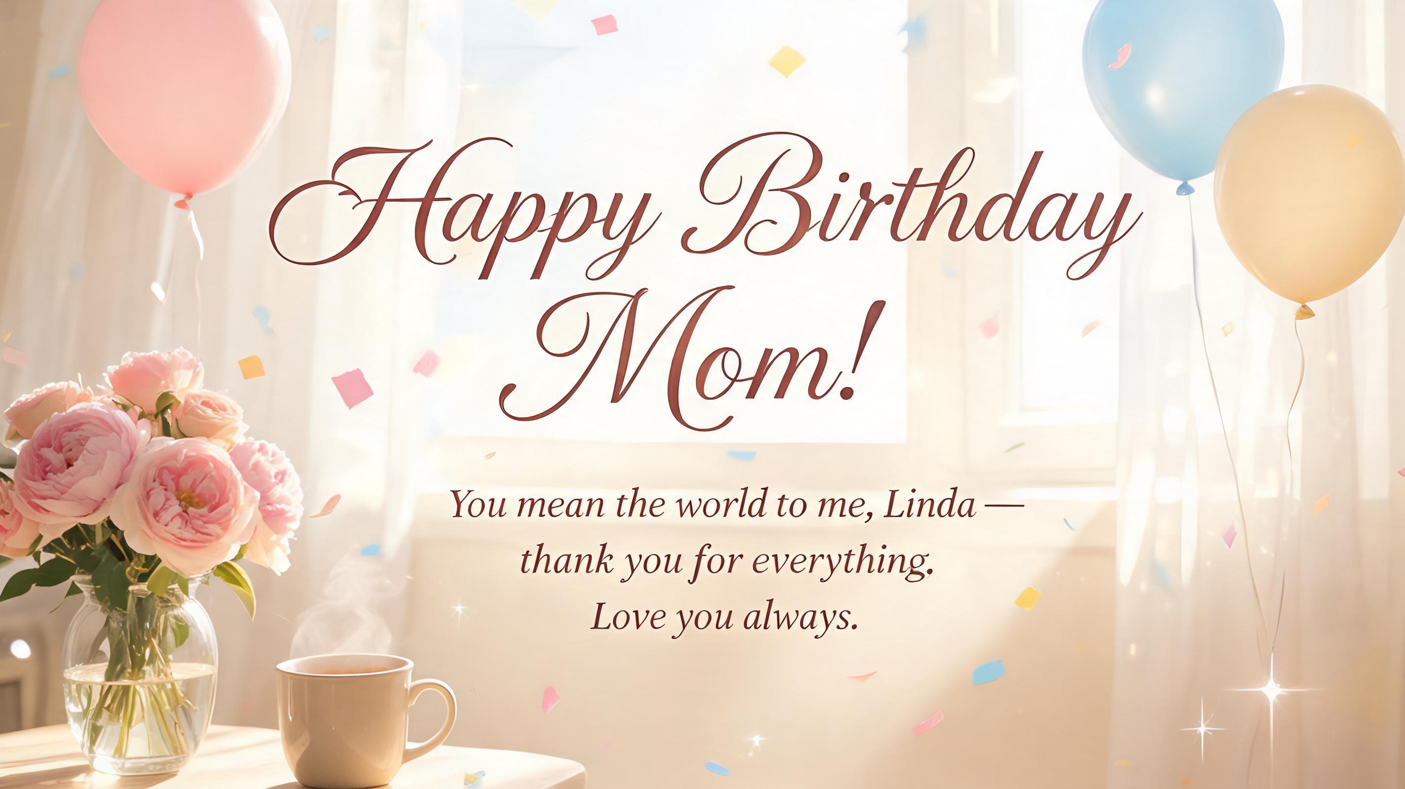 "Happy Birthday Mom!
You mean the world to me, Linda — thank you for everything. Love you always." — Birthday | AI Text Effect Generator