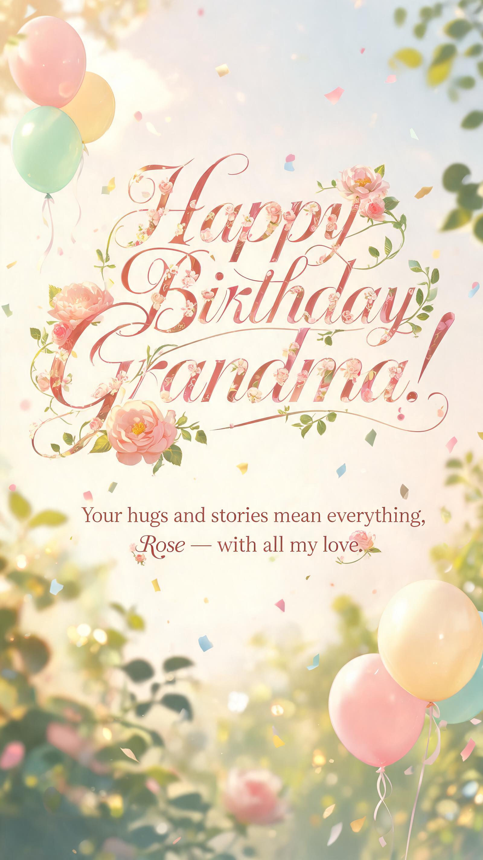"Happy Birthday Grandma!
Your hugs and stories mean everything, Rose — with all my love." — Birthday | AI Text Effect Generator