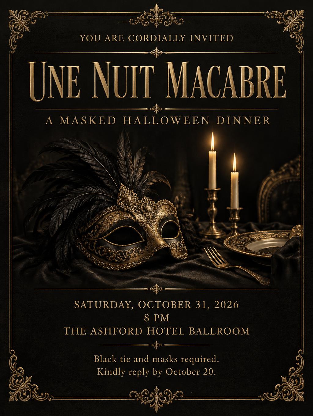 "Une Nuit Macabre
You are cordially invited
A MASKED HALLOWEEN DINNER
SATURDAY, OCTOBER 31, 2026
8 PM
THE ASHFORD HOTEL BALLROOM
Black tie and masks required.
Kindly reply by October 20." —  | AI Text Effect Generator