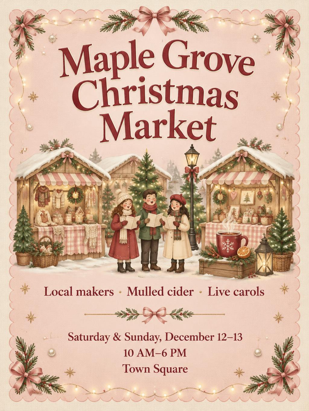 "Maple Grove Christmas Market
Local makers · Mulled cider · Live carols
Saturday & Sunday, December 12–13
10 AM–6 PM
Town Square" — Coquette Christmas | AI Text Effect Generator
