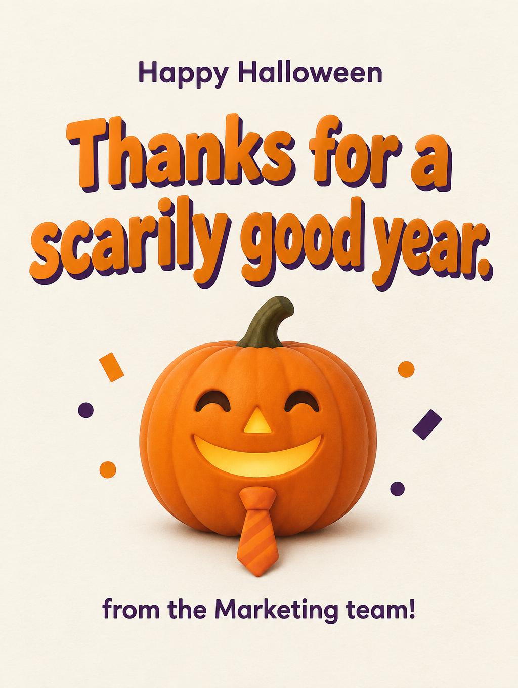 "Thanks for a scarily good year.
Happy Halloween
from the Marketing team!" — ČIstý Halloween | AI Text Effect Generator