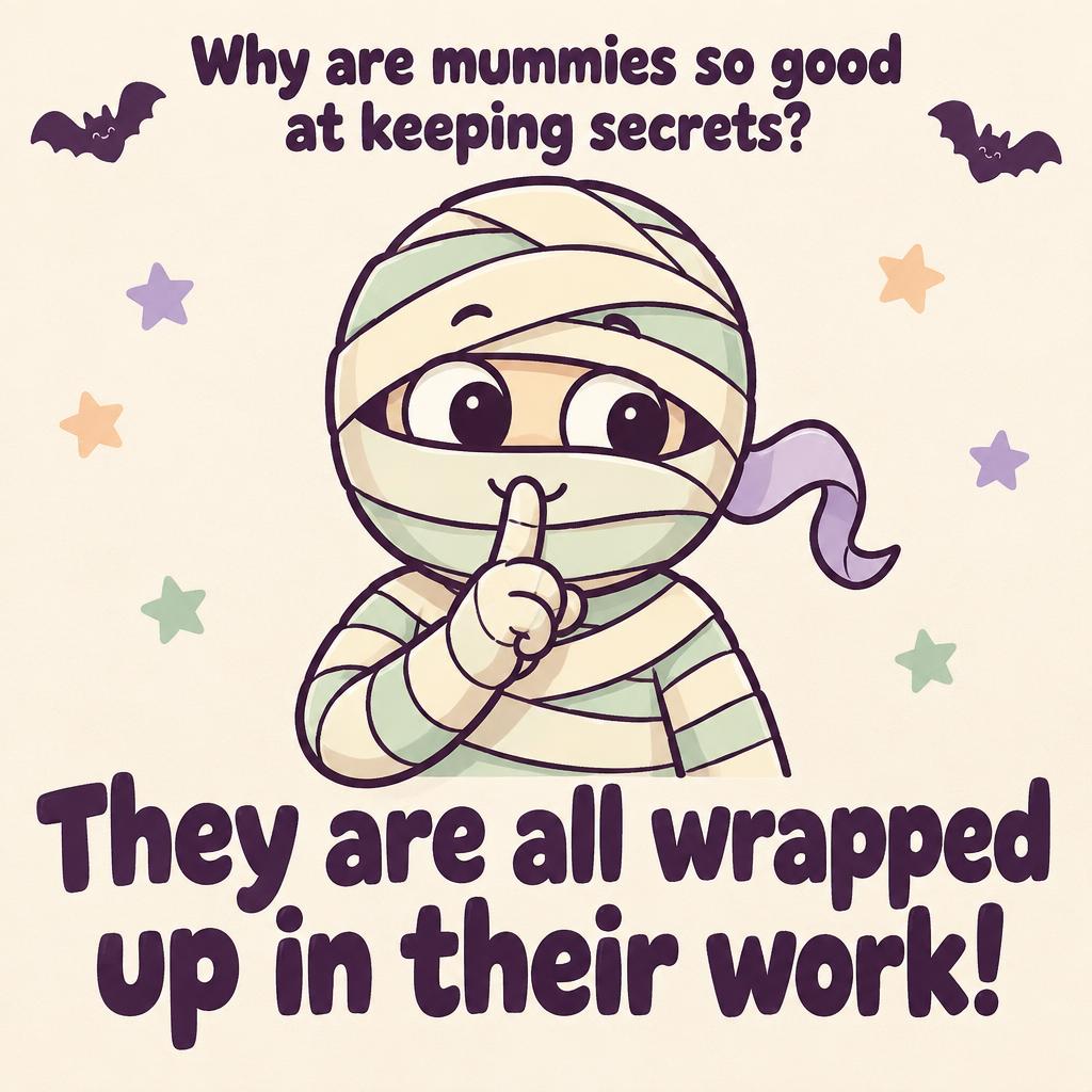"They are all wrapped up in their work!
Why are mummies so good at keeping secrets?" — Pastel Halloween Cartoon | AI Text Effect Generator