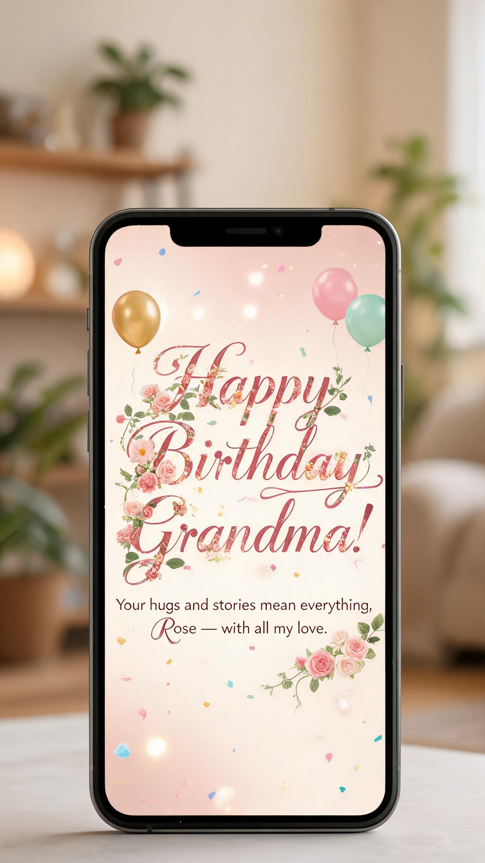 "Happy Birthday Grandma!
Your hugs and stories mean everything, Rose — with all my love." — Birthday | AI Text Effect Generator