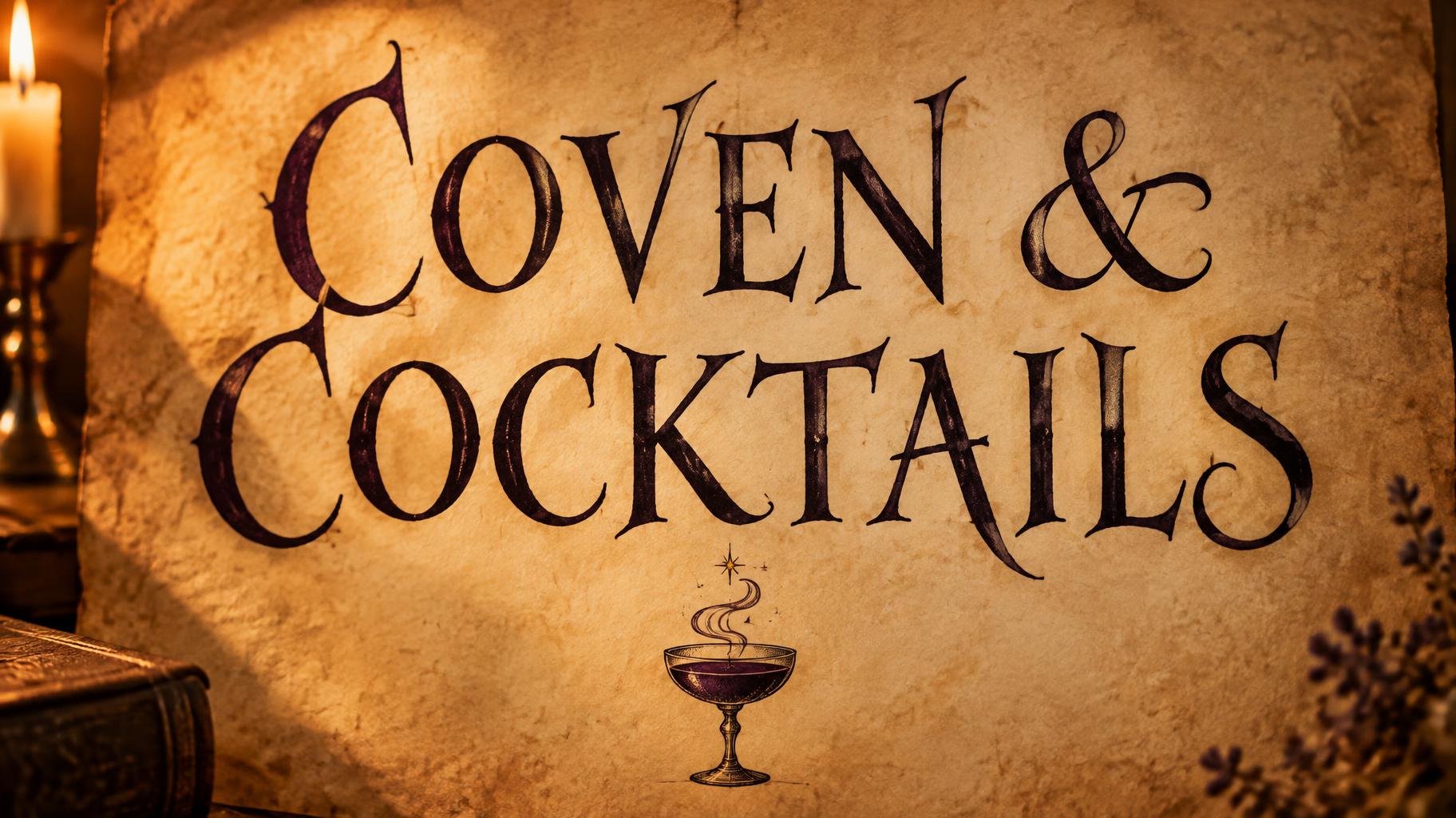 "COVEN & COCKTAILS" — Worn Spellbook Ink | AI Text Effect Generator