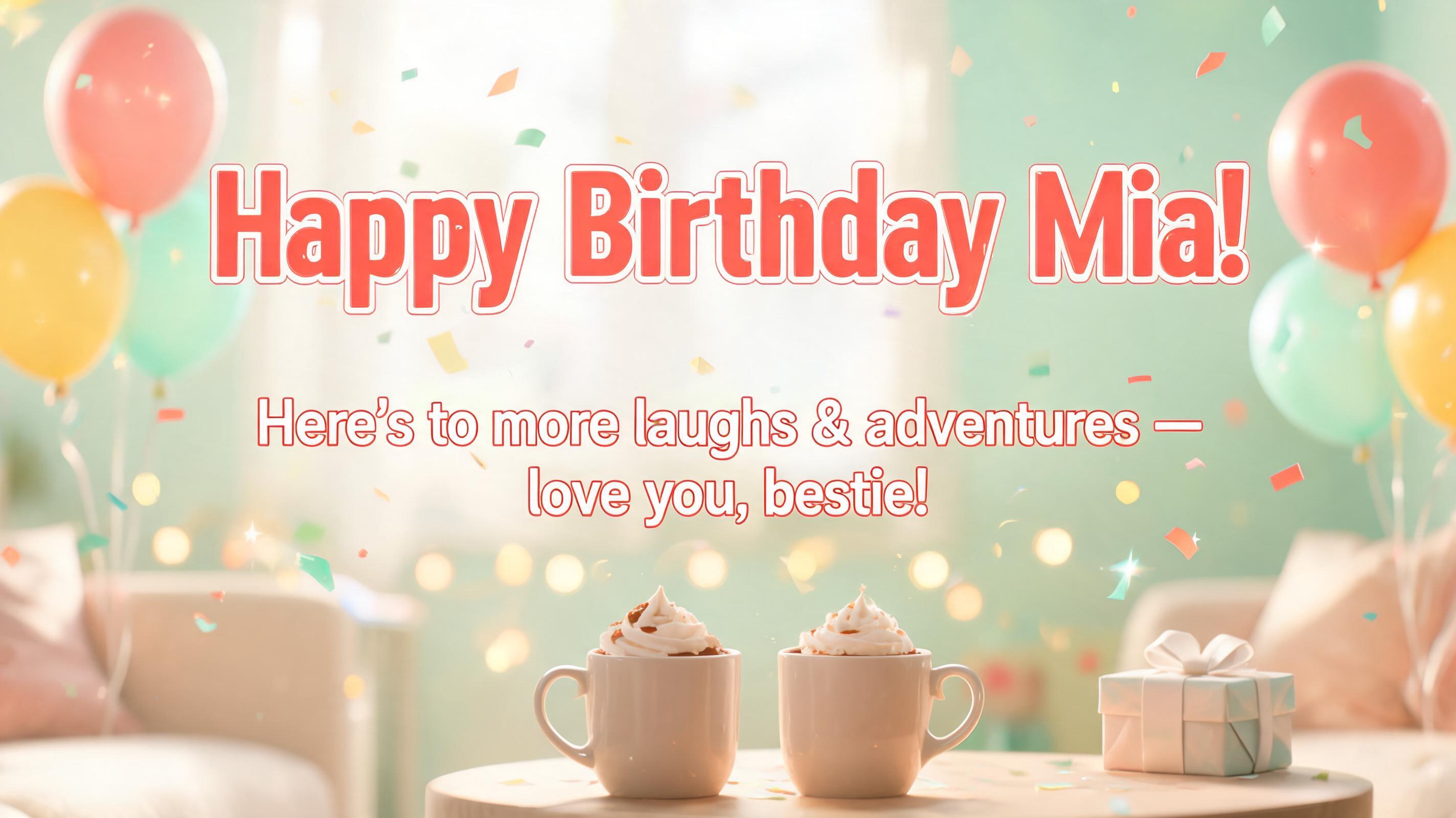 "Happy Birthday Mia!
Here's to more laughs & adventures — love you, bestie!" — Birthday | AI Text Effect Generator