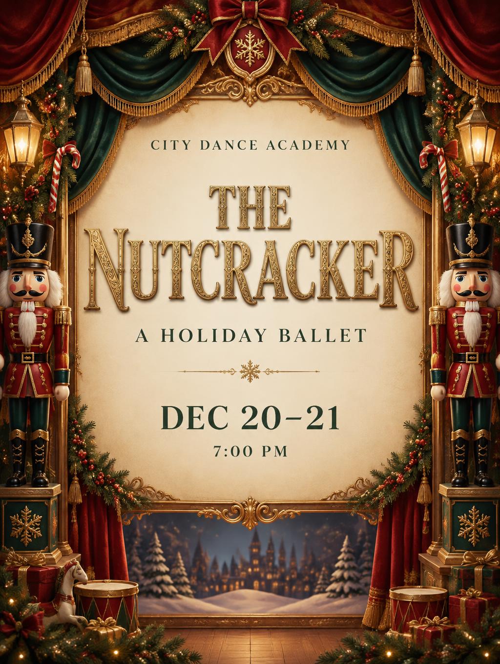 THE NUTCRACKER
A HOLIDAY BALLET
DEC 20–21
7:00 PM
CITY DANCE ACADEMY