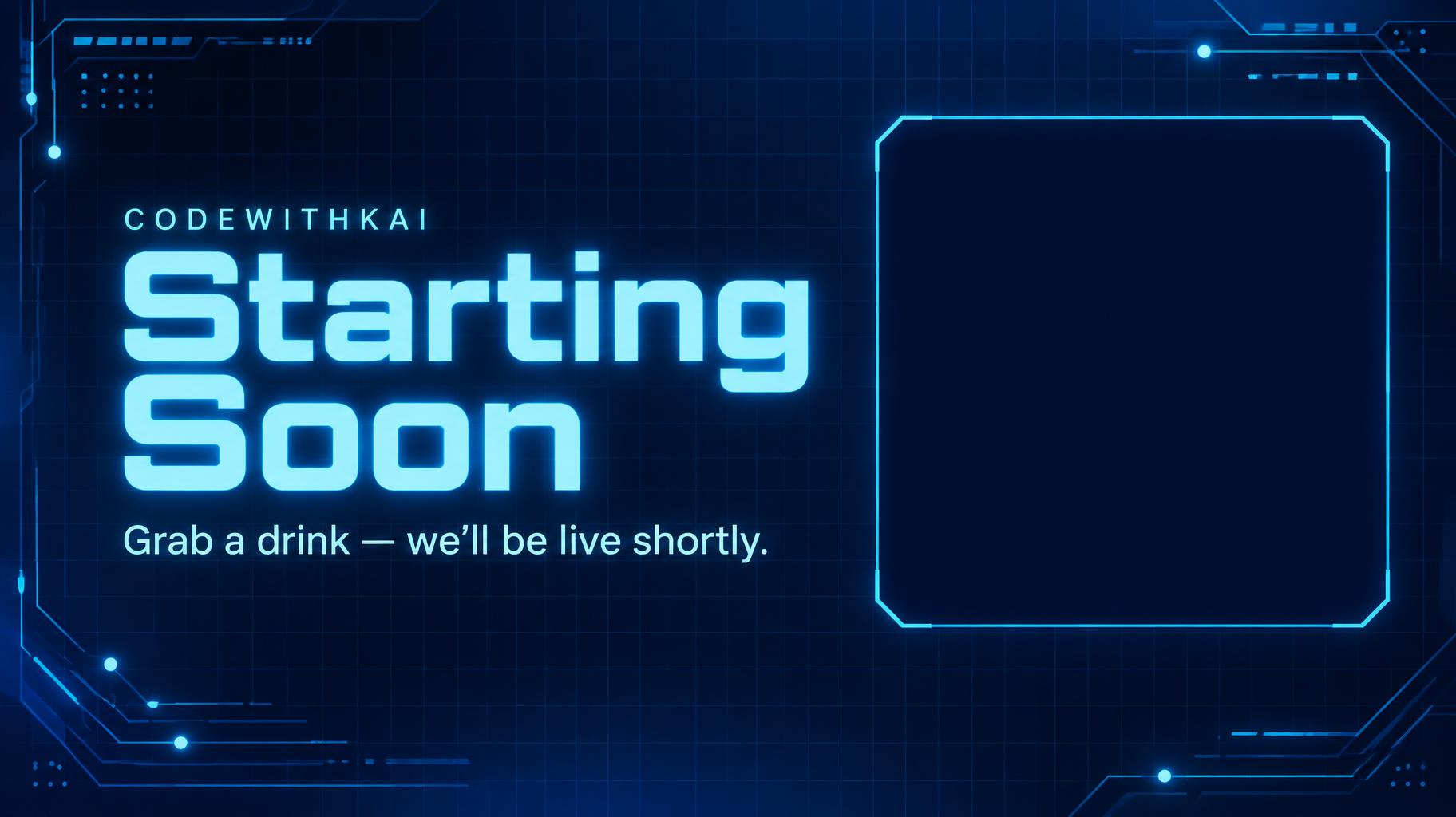 "Starting Soon
CodeWithKai
Grab a drink — we'll be live shortly." — Neon Broadcast Grid | AI Text Effect Generator