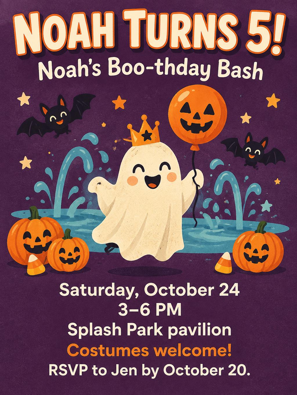 "NOAH TURNS 5!
Noah's Boo-thday Bash
Saturday, October 24
3–6 PM
Splash Park pavilion
Costumes welcome!
RSVP to Jen by October 20." —  | AI Text Effect Generator