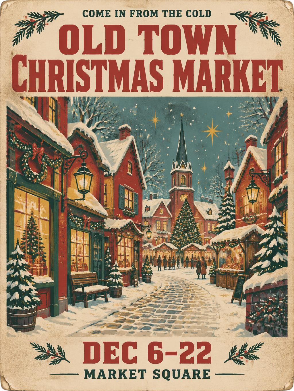 "OLD TOWN
CHRISTMAS MARKET
DEC 6–22
MARKET SQUARE
COME IN FROM THE COLD" — Vintage Christmas | AI Text Effect Generator
