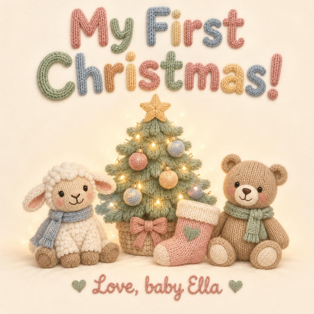 "My First Christmas!
Love, baby Ella" — Pastel Knit Keepsake | AI Text Effect Generator