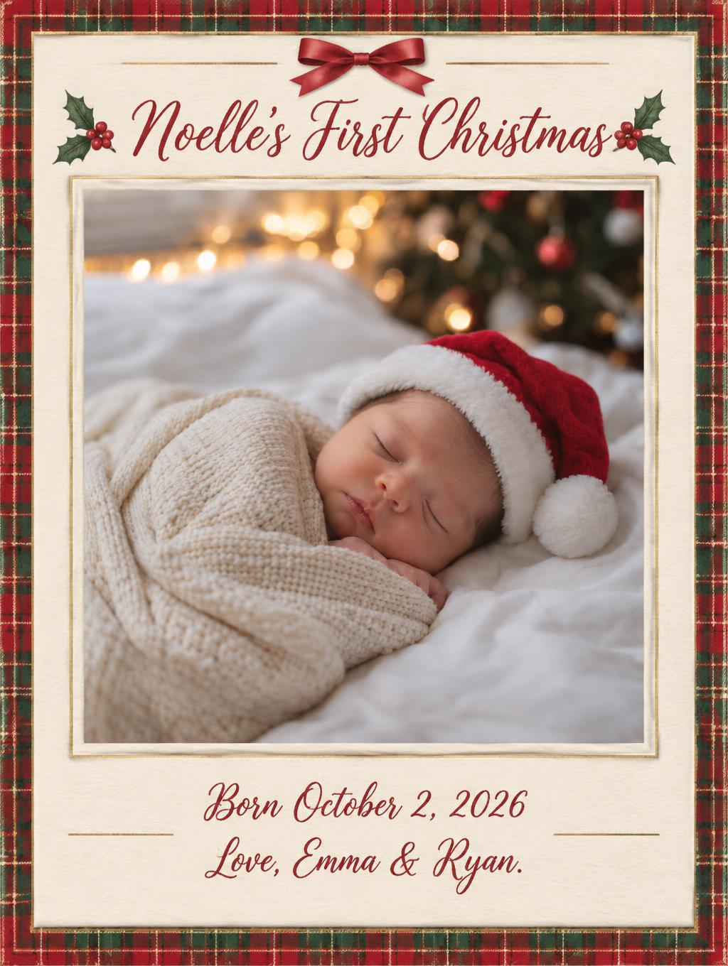 "Noelle's First Christmas
Born October 2, 2026
Love, Emma & Ryan." — Preppy Christmas | AI Text Effect Generator