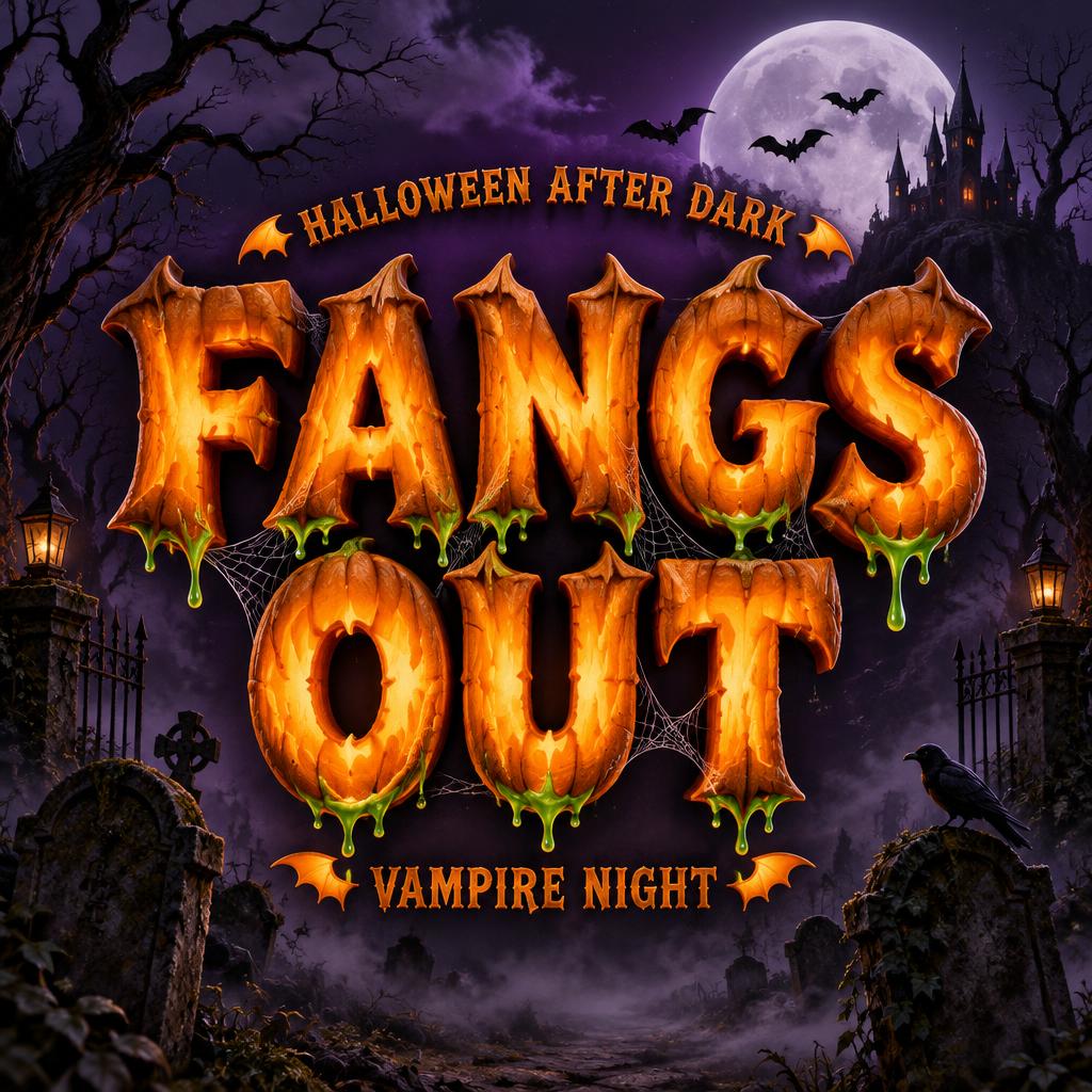 "FANGS OUT
HALLOWEEN AFTER DARK
VAMPIRE NIGHT" — Halloween | AI Text Effect Generator
