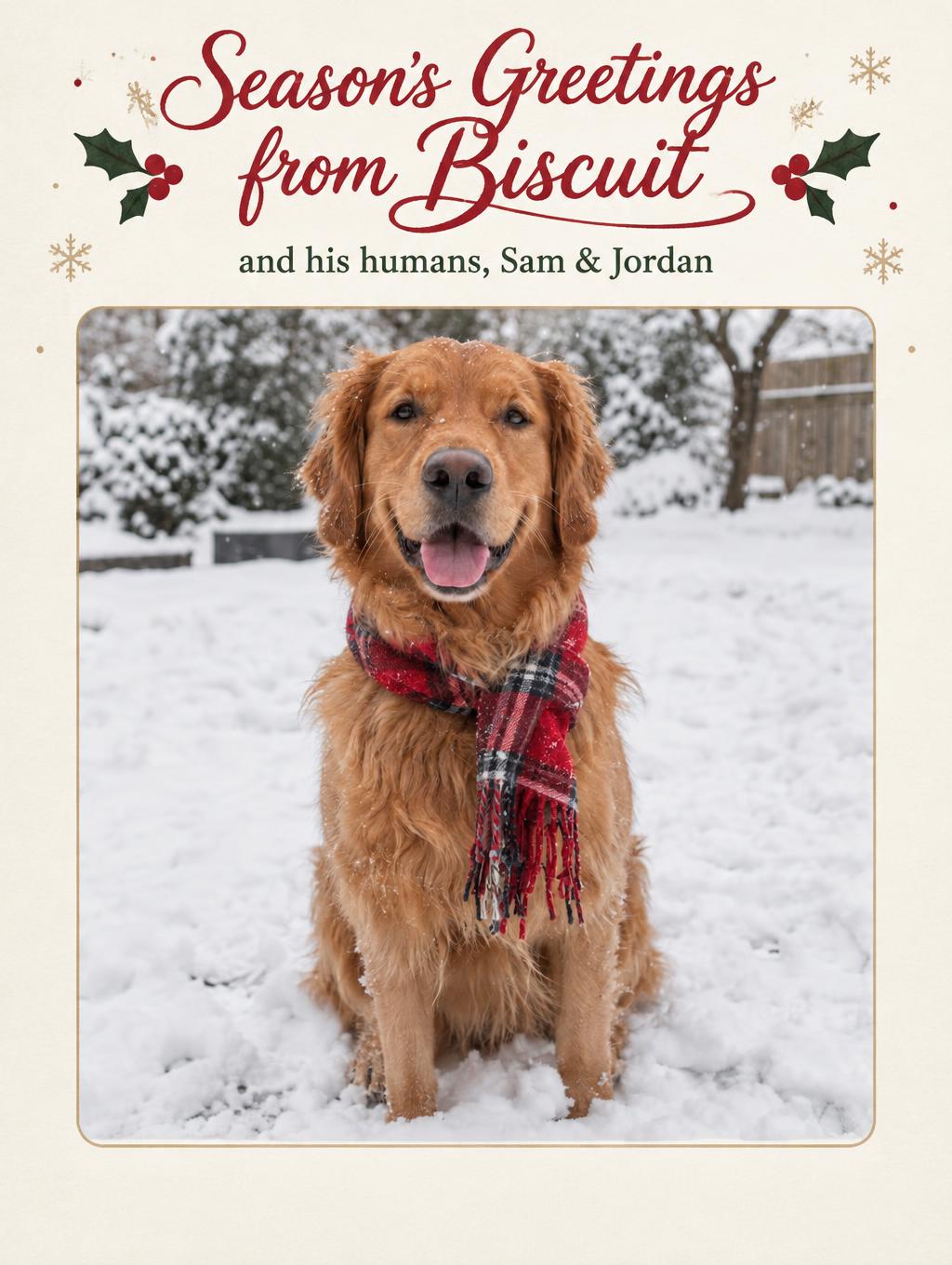 "Season's Greetings from Biscuit
and his humans, Sam & Jordan" — Snowy Photo Keepsake | AI Text Effect Generator