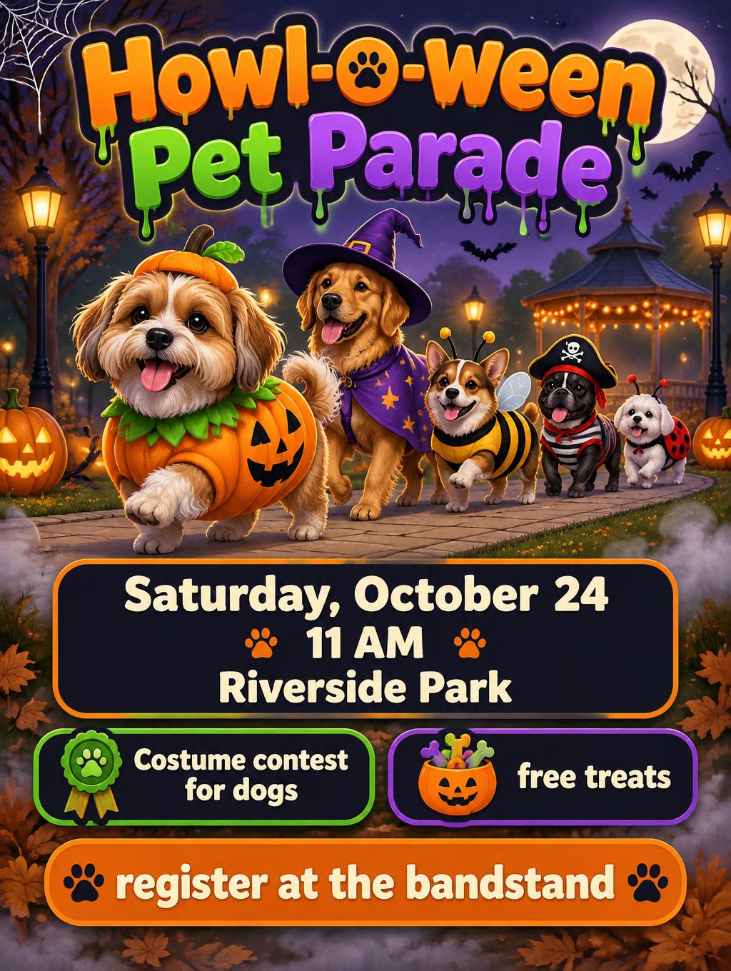 "Howl-o-ween Pet Parade
Saturday, October 24
11 AM
Riverside Park
Costume contest for dogs
free treats
register at the bandstand" — Halloween | AI Text Effect Generator