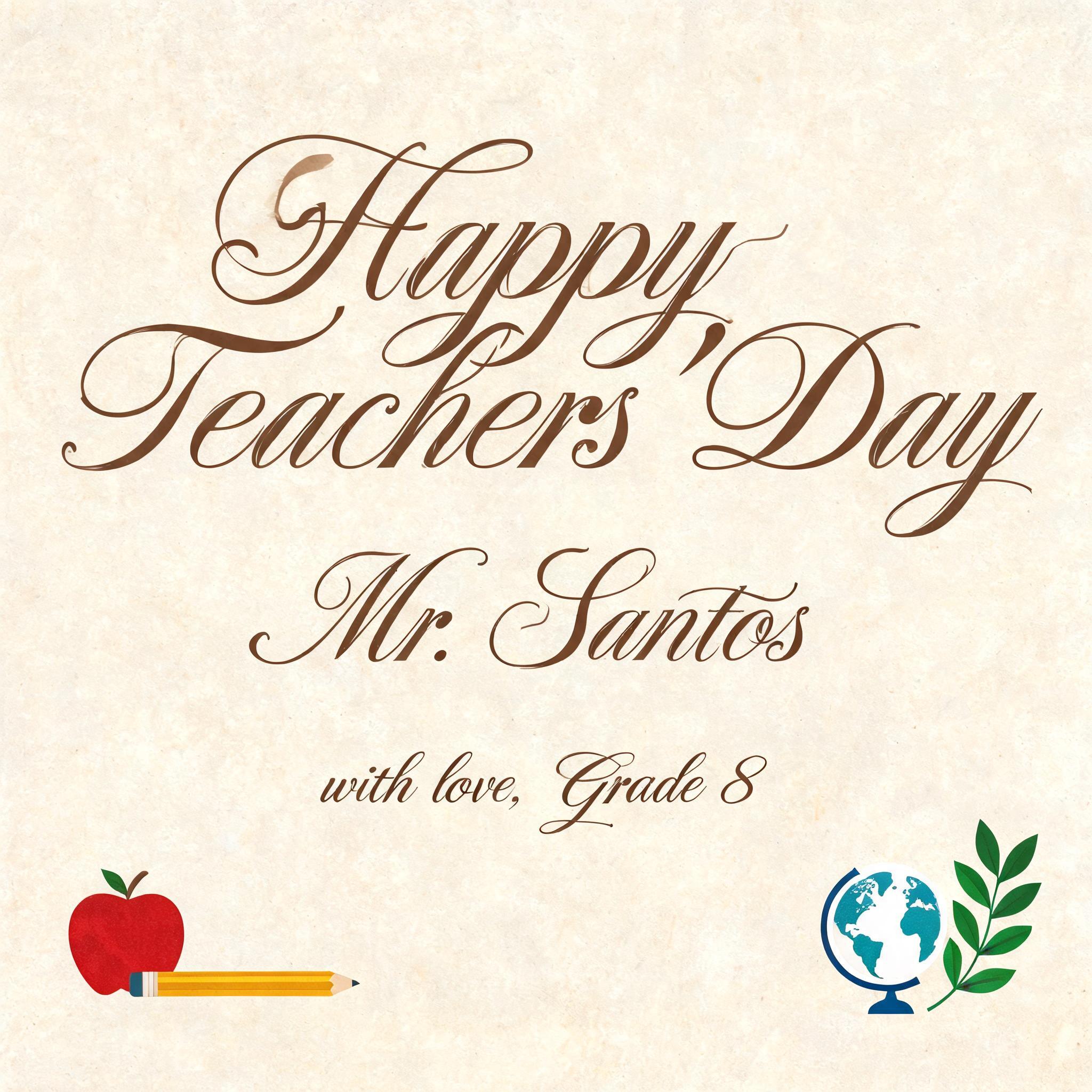 "Happy Teachers' Day
Mr. Santos
with love, Grade 8" — Teachers Day | AI Text Effect Generator