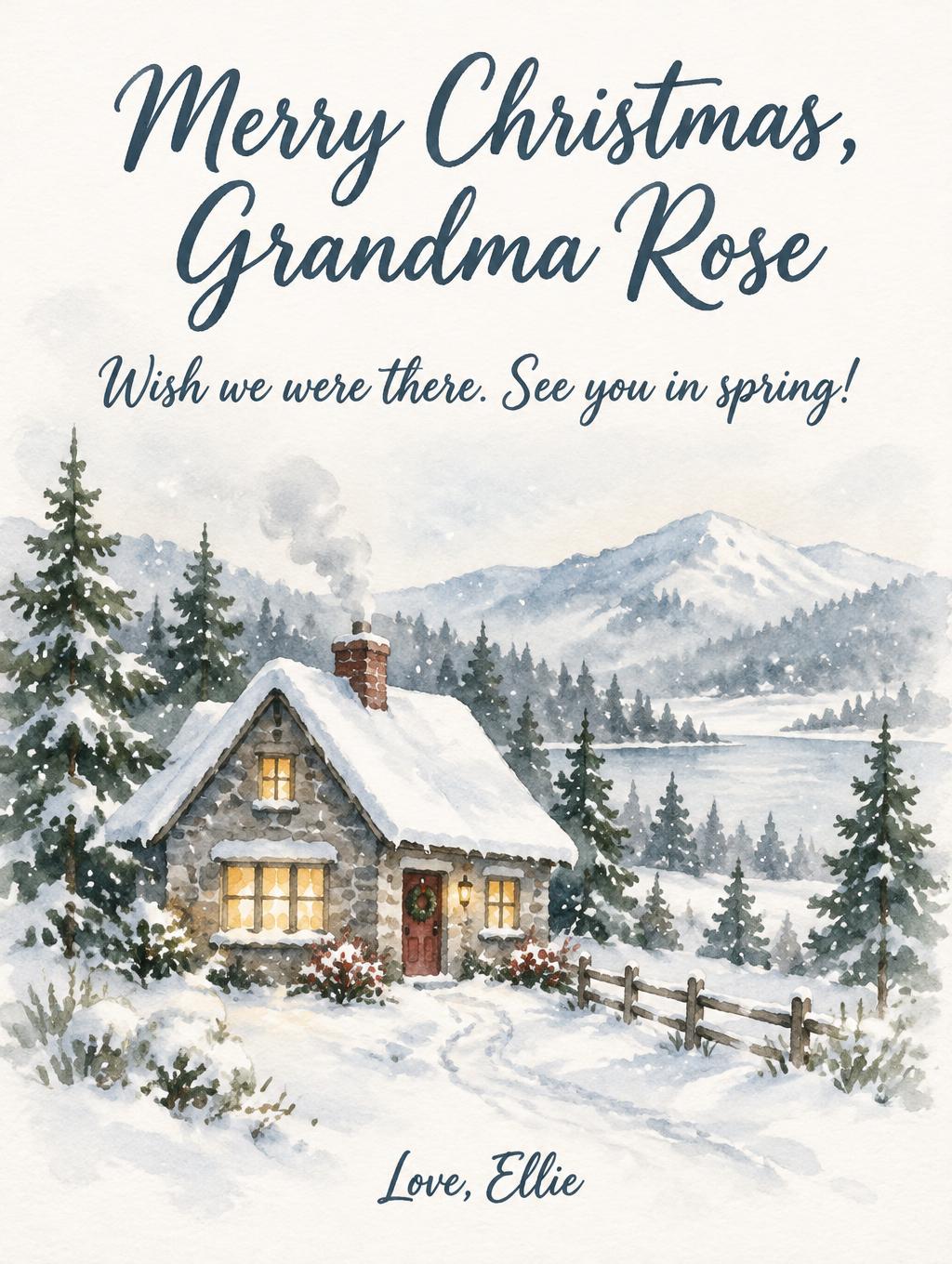 "Merry Christmas, Grandma Rose
Wish we were there. See you in spring!
Love, Ellie" — Watercolor Christmas | AI Text Effect Generator