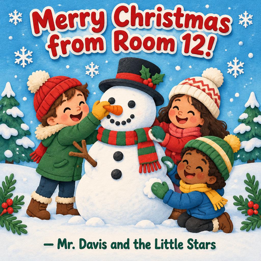 "Merry Christmas from Room 12!
— Mr. Davis and the Little Stars" — Gouache Storybook Snow | AI Text Effect Generator