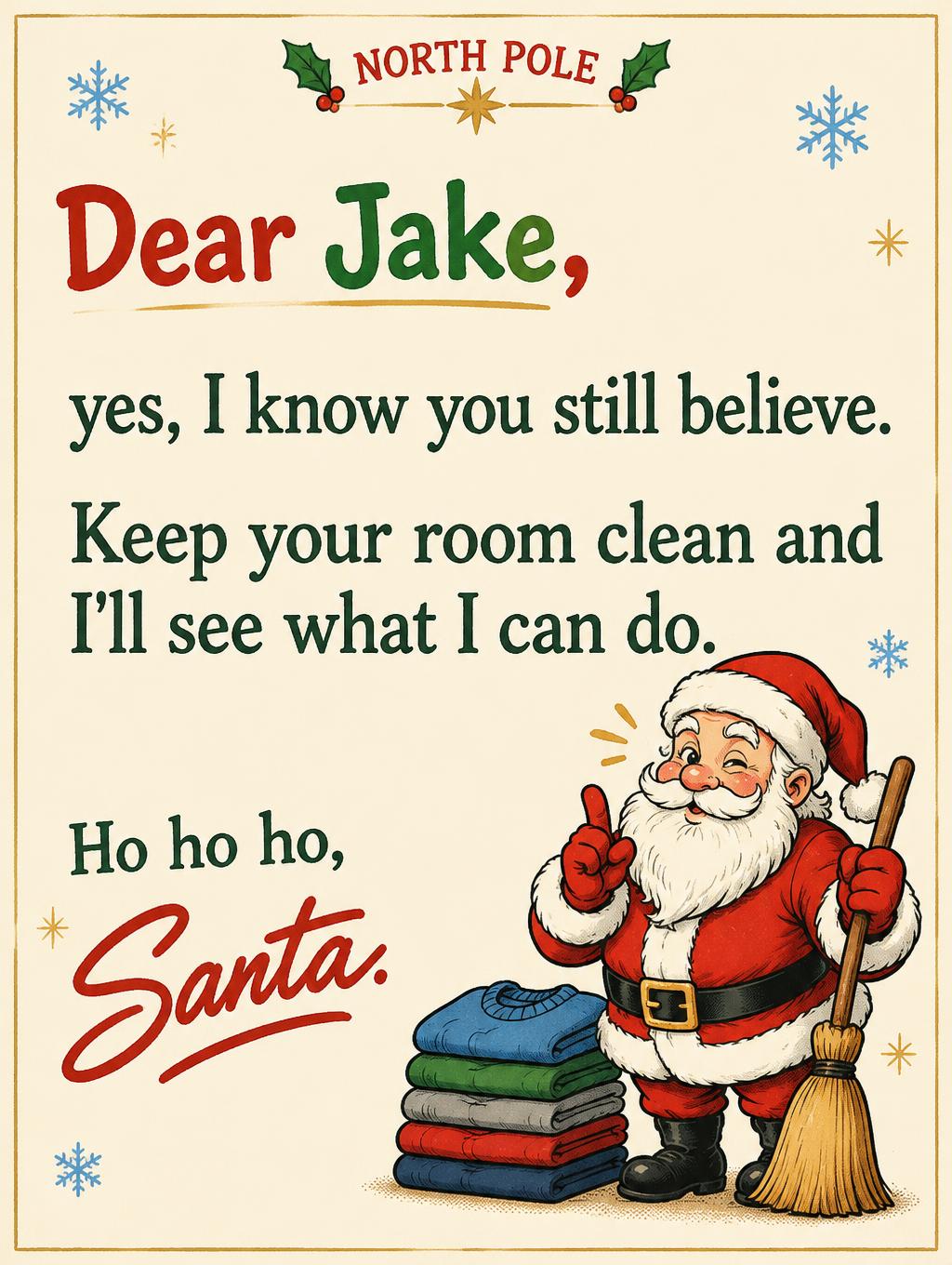 "Dear Jake,
yes, I know you still believe.
Keep your room clean and I'll see what I can do.
Ho ho ho,
Santa.
NORTH POLE" — Jolly Comic Letter | AI Text Effect Generator