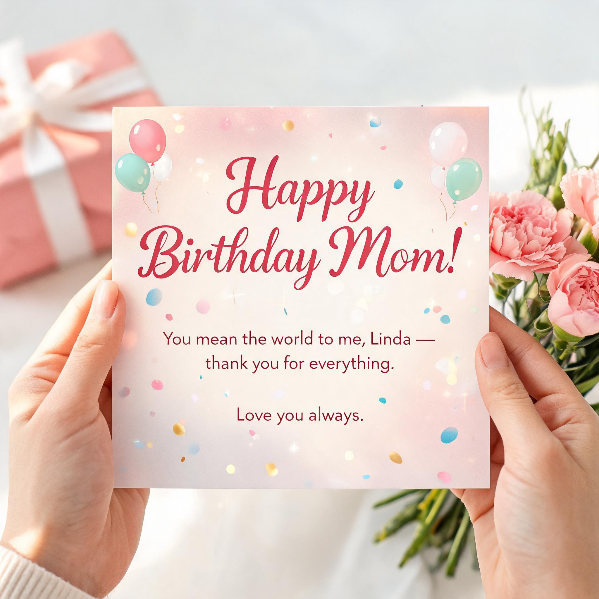 "Happy Birthday Mom!
You mean the world to me, Linda — thank you for everything. Love you always." — Birthday | AI Text Effect Generator