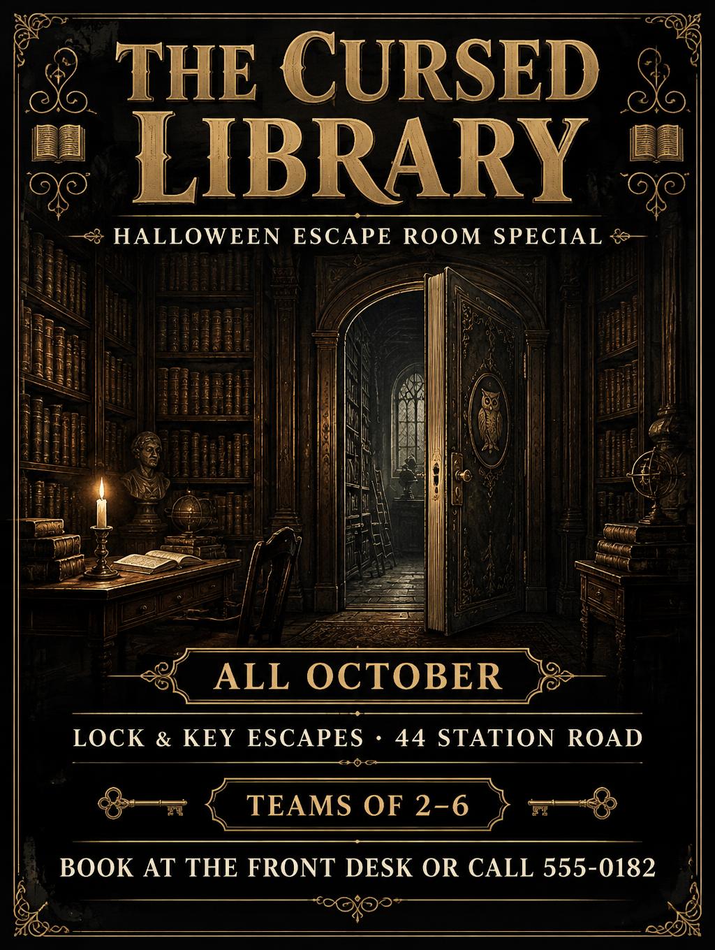 "THE CURSED LIBRARY
HALLOWEEN ESCAPE ROOM SPECIAL
ALL OCTOBER
LOCK & KEY ESCAPES · 44 STATION ROAD
TEAMS OF 2–6
BOOK AT THE FRONT DESK OR CALL 555-0182" — Gilded Library Gothic | AI Text Effect Generator