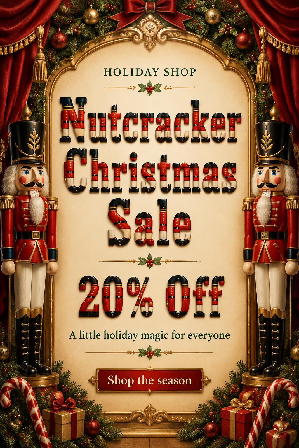 "Nutcracker Christmas Sale
20% Off
A little holiday magic for everyone
Shop the season" — Nutcracker | AI Text Effect Generator