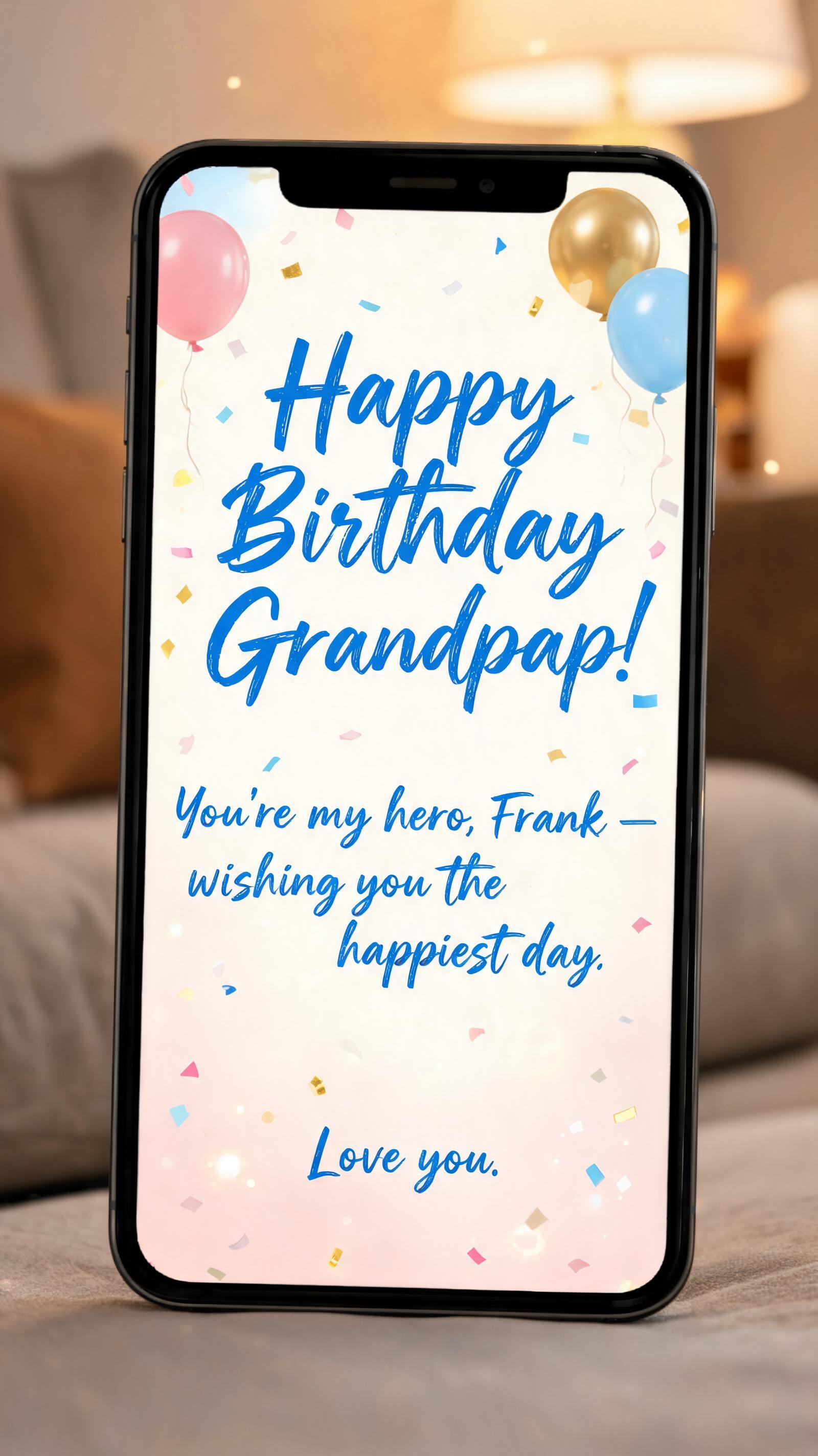 "Happy Birthday Grandpa!
You're my hero, Frank — wishing you the happiest day. Love you." — Birthday | AI Text Effect Generator