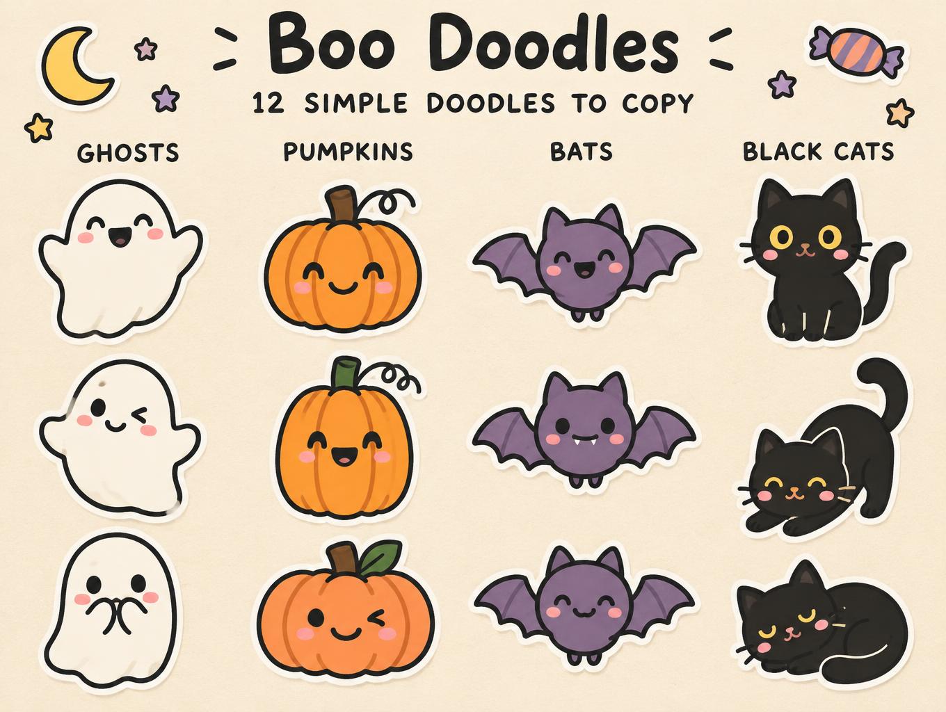 Boo Doodles
12 SIMPLE DOODLES TO COPY
GHOSTS
PUMPKINS
BATS
BLACK CATS