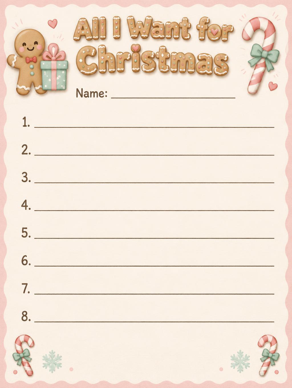 "All I Want for Christmas
Name:
1.
2.
3.
4.
5.
6.
7.
8." — Pastel Cookie Stationery | AI Text Effect Generator