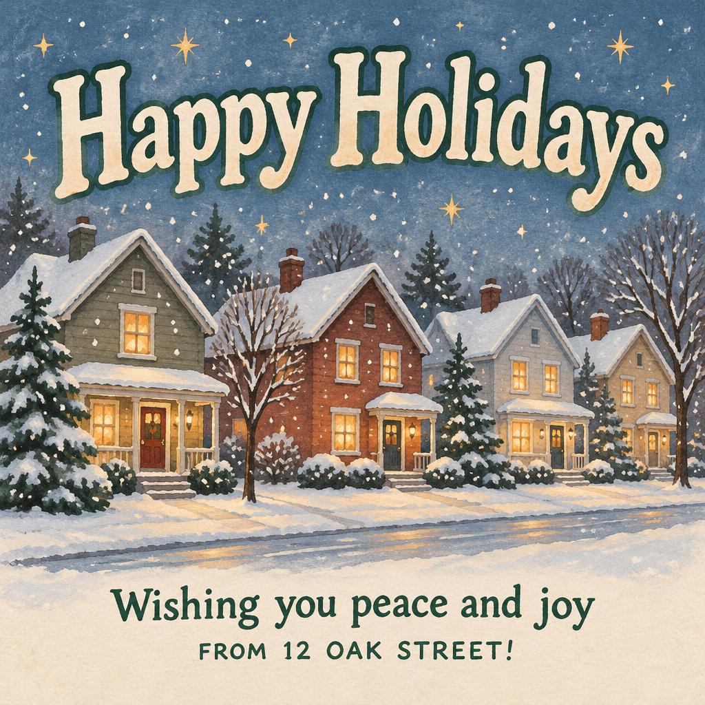 "Happy Holidays
Wishing you peace and joy
from 12 Oak Street!" — Printed Winter Keepsake | AI Text Effect Generator
