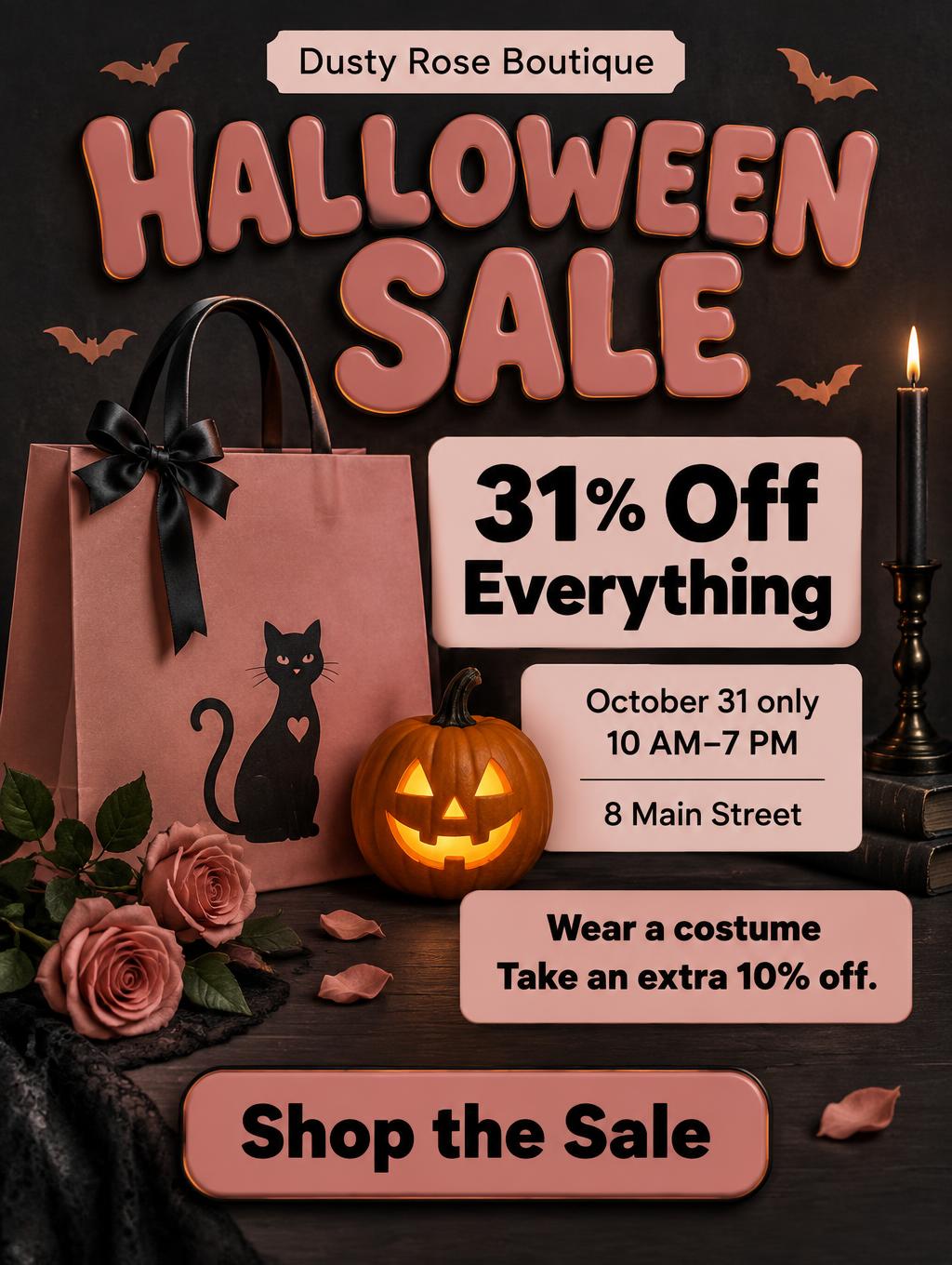 "Halloween Sale
31% Off Everything
October 31 only
10 AM–7 PM
8 Main Street
Wear a costume
Take an extra 10% off.
Shop the Sale
Dusty Rose Boutique" — Blush Boutique Halloween | AI Text Effect Generator
