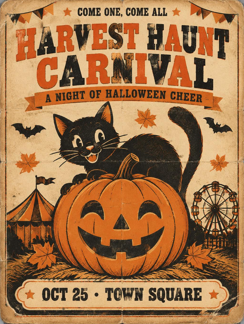 HARVEST HAUNT CARNIVAL
A NIGHT OF HALLOWEEN CHEER
OCT 25 · TOWN SQUARE
COME ONE, COME ALL
