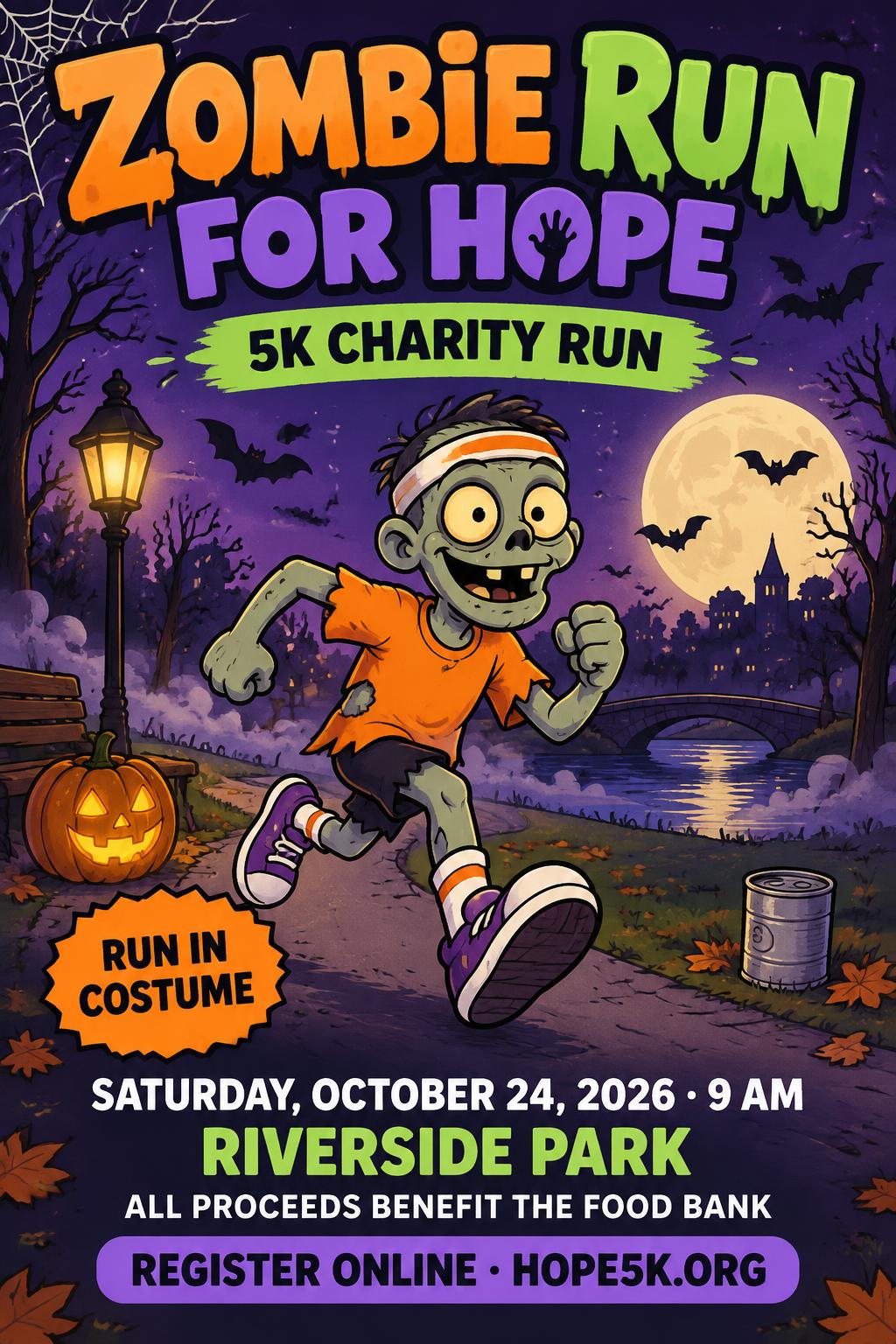 "Zombie Run for Hope
5K CHARITY RUN
RUN IN COSTUME
SATURDAY, OCTOBER 24, 2026 · 9 AM
RIVERSIDE PARK
ALL PROCEEDS BENEFIT THE FOOD BANK
REGISTER ONLINE · HOPE5K.ORG" — Halloween | AI Text Effect Generator