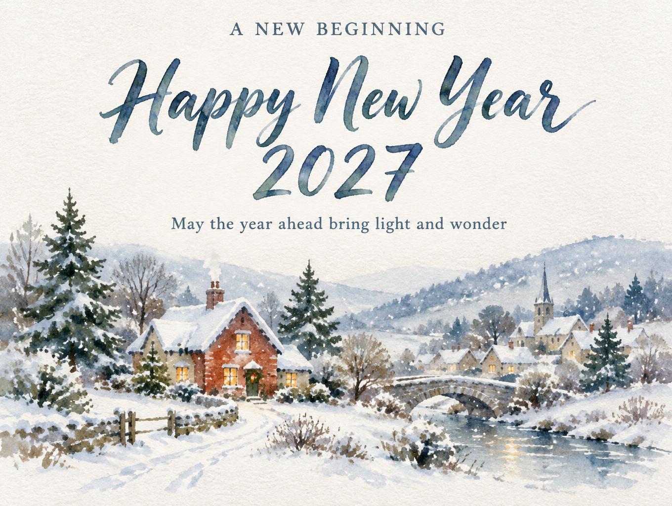 "Happy New Year 2027
A NEW BEGINNING
May the year ahead bring light and wonder" — Watercolor Christmas | AI Text Effect Generator
