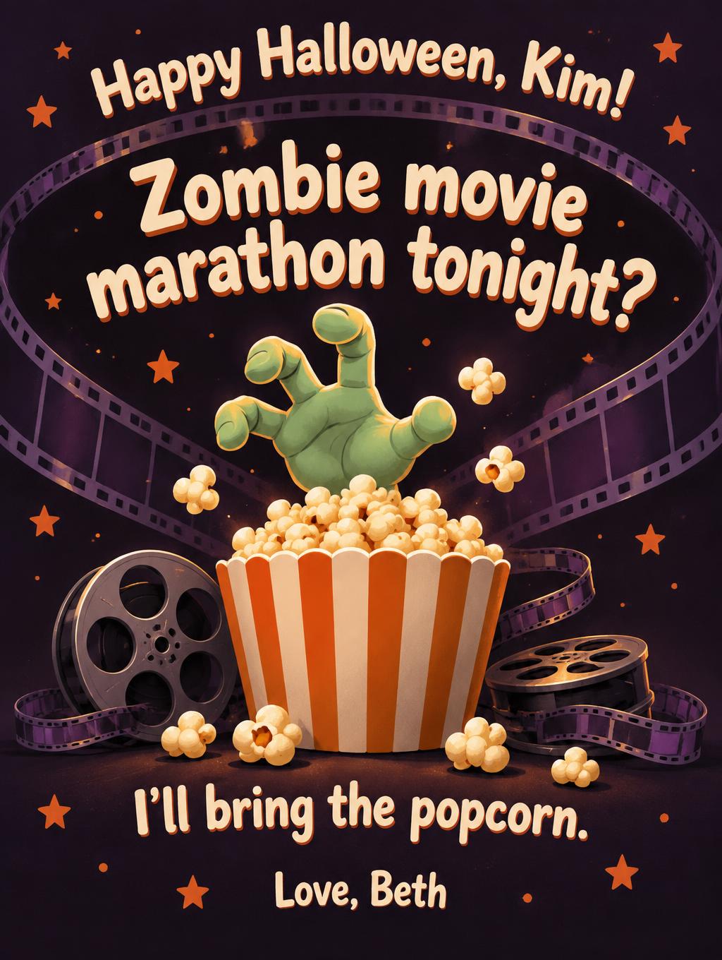 "Happy Halloween, Kim!
Zombie movie marathon tonight?
I’ll bring the popcorn.
Love, Beth" — Matiné De Medianoche | AI Text Effect Generator