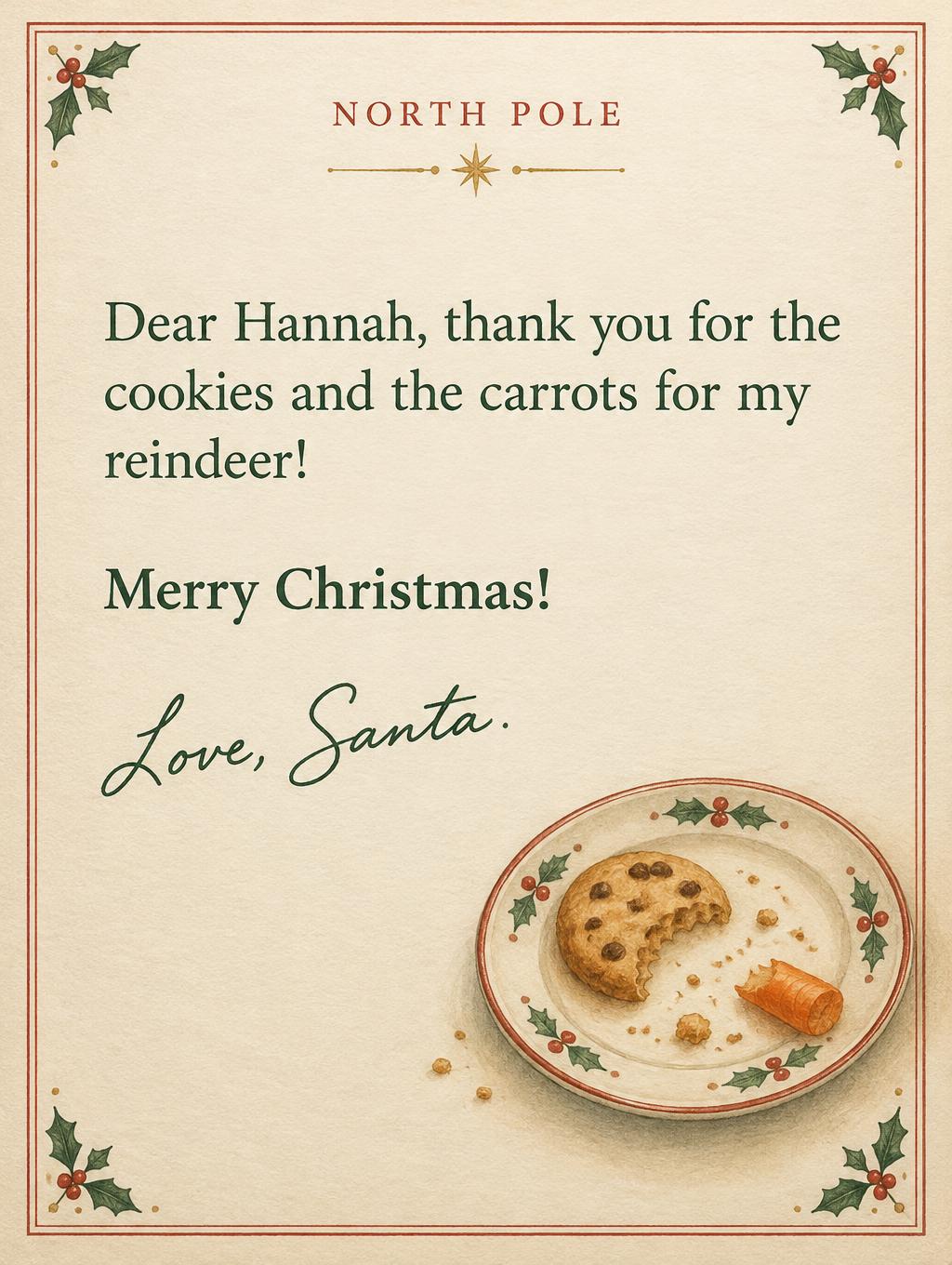 "NORTH POLE
Dear Hannah, thank you for the cookies and the carrots for my reindeer!
Merry Christmas!
Love, Santa." — Cozy North Pole Post | AI Text Effect Generator