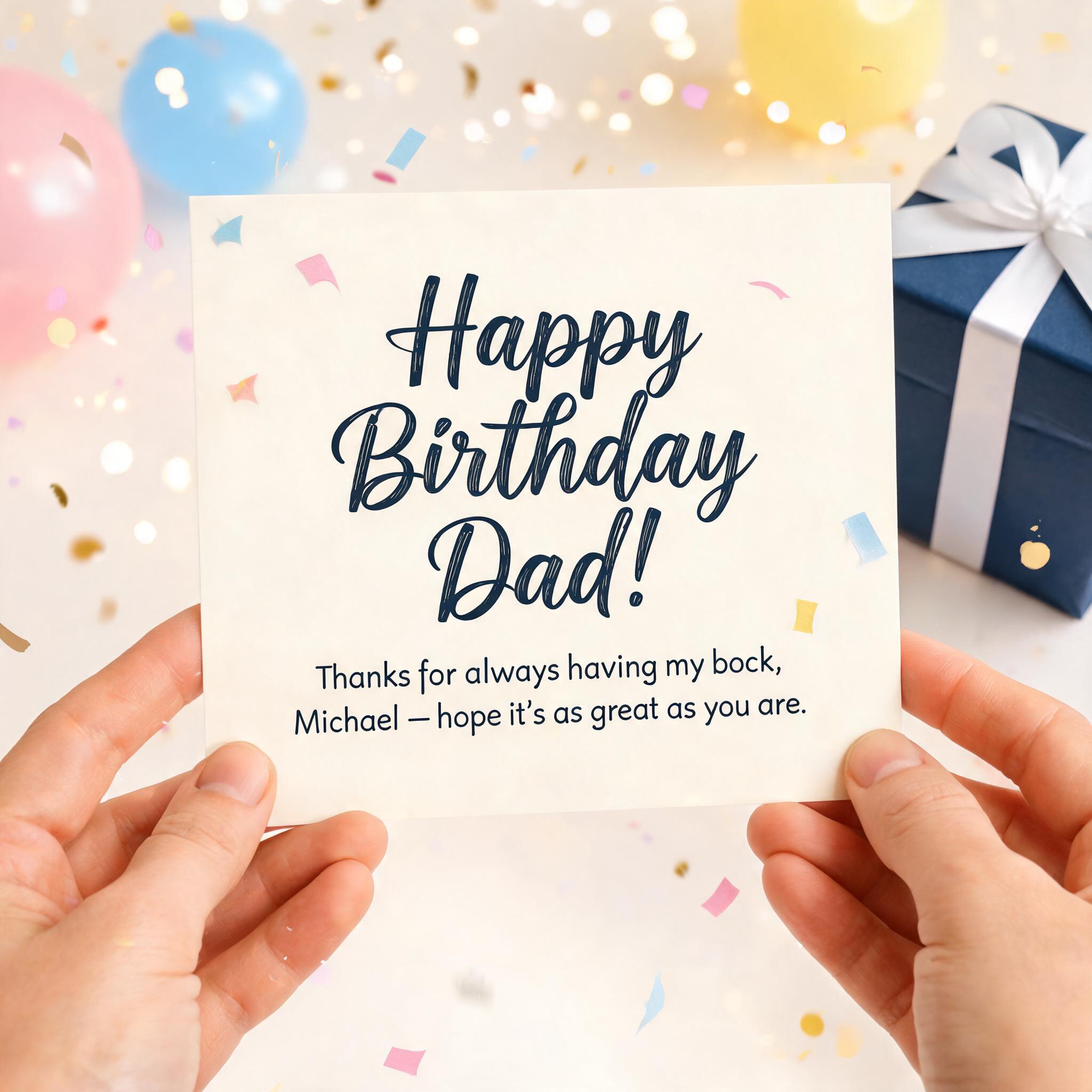 "Happy Birthday Dad!
Thanks for always having my back, Michael — hope it's as great as you are." — Birthday | AI Text Effect Generator