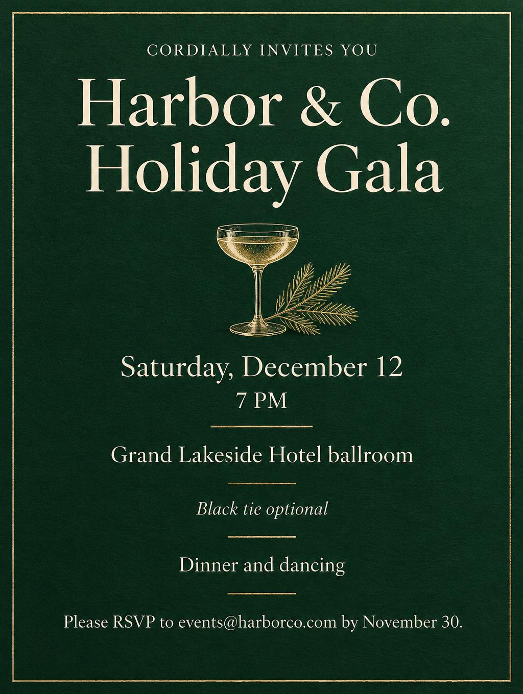 "Harbor & Co. Holiday Gala
CORDIALLY INVITES YOU
Saturday, December 12
7 PM
Grand Lakeside Hotel ballroom
Black tie optional
Dinner and dancing
Please RSVP to events@harborco.com by November 30." — Spruce Foil Formal | AI Text Effect Generator