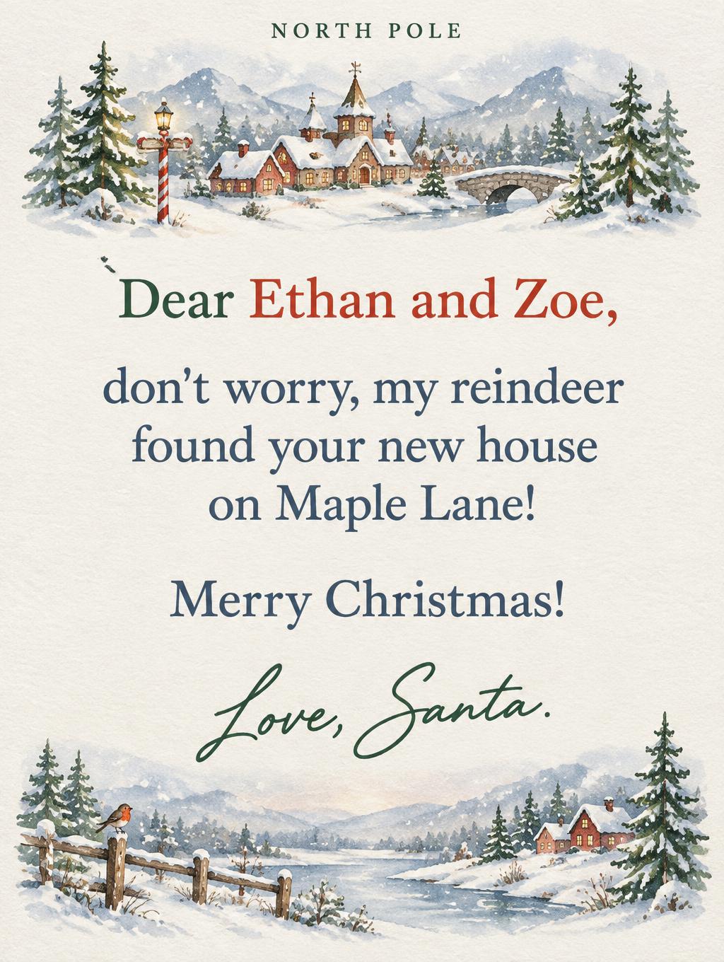"NORTH POLE
Dear Ethan and Zoe,
don't worry, my reindeer found your new house on Maple Lane!
Merry Christmas!
Love, Santa." — North Pole Watercolor | AI Text Effect Generator