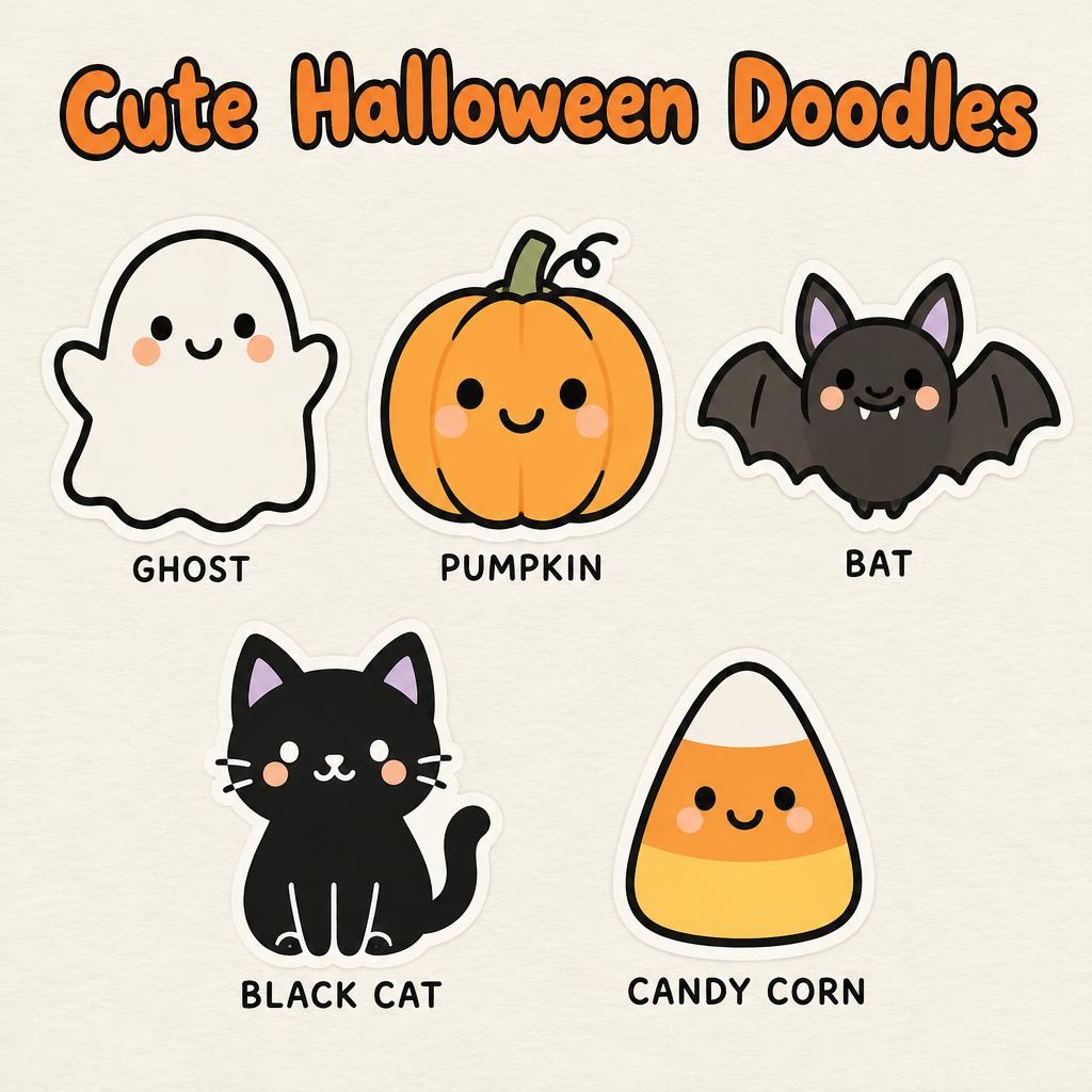 "Cute Halloween Doodles
GHOST
PUMPKIN
BAT
BLACK CAT
CANDY CORN" — Cute Halloween | AI Text Effect Generator