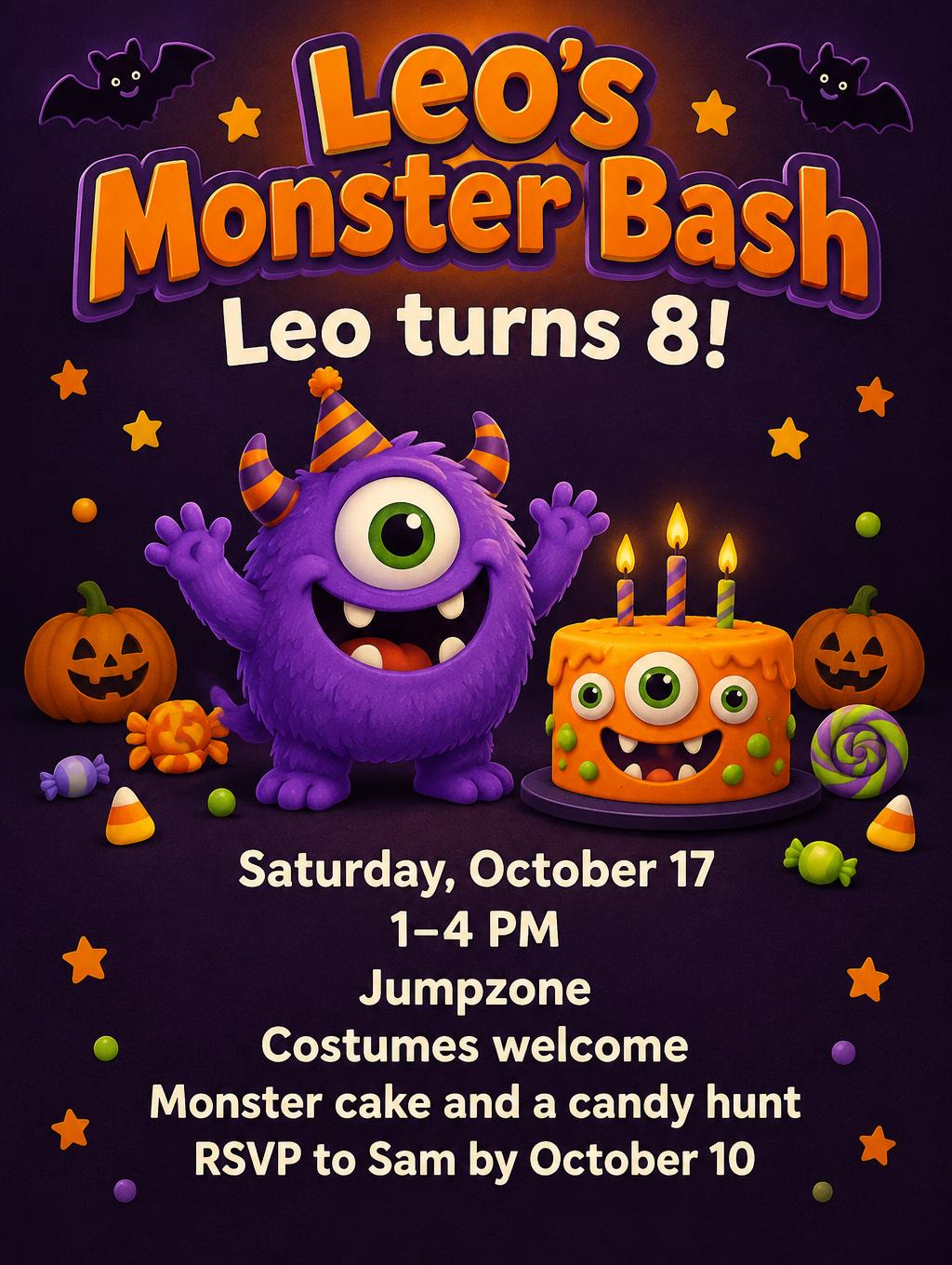 "Leo's Monster Bash
Leo turns 8!
Saturday, October 17
1–4 PM
Jumpzone
Costumes welcome
Monster cake and a candy hunt
RSVP to Sam by October 10" —  | AI Text Effect Generator
