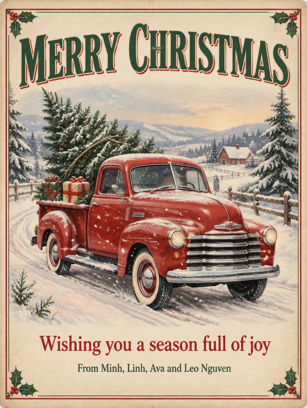 "MERRY CHRISTMAS
Wishing you a season full of joy
From Minh, Linh, Ava and Leo Nguyen" — Vintage Holiday Lithograph | AI Text Effect Generator