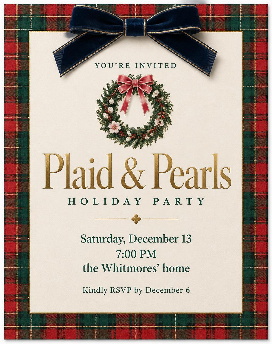 Plaid & Pearls
HOLIDAY PARTY
Saturday, December 13
7:00 PM
the Whitmores’ home
YOU’RE INVITED
Kindly RSVP by December 6