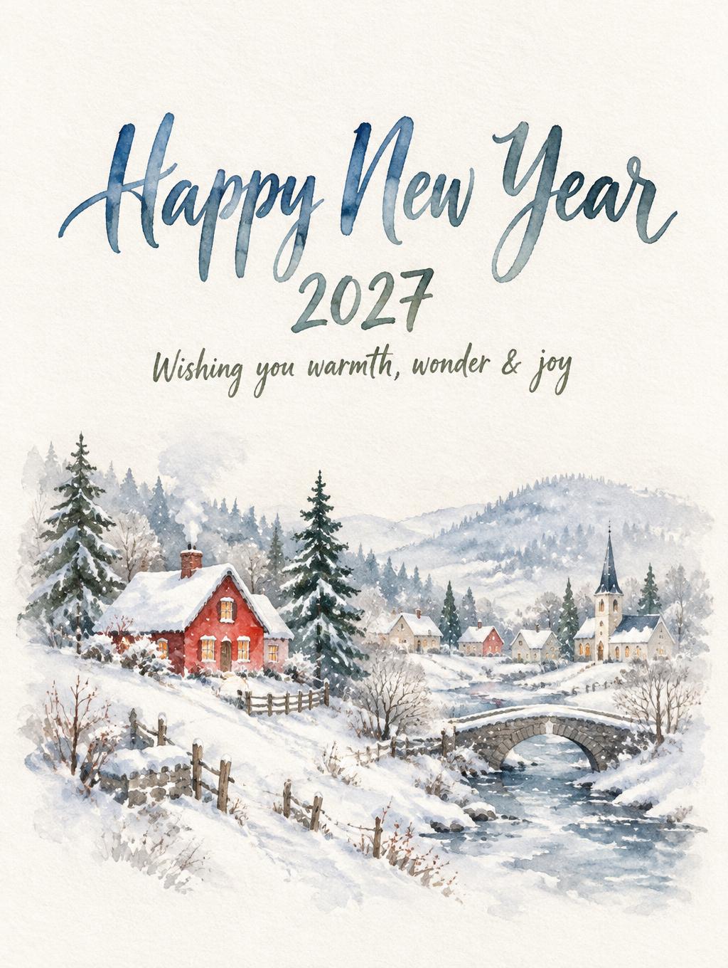 "Happy New Year
2027
Wishing you warmth, wonder & joy" — Watercolor Christmas | AI Text Effect Generator