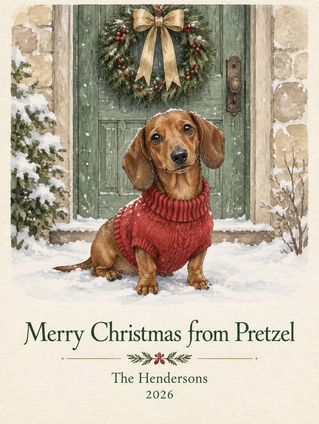 "Merry Christmas from Pretzel
The Hendersons
2026" — Winter Watercolor | AI Text Effect Generator