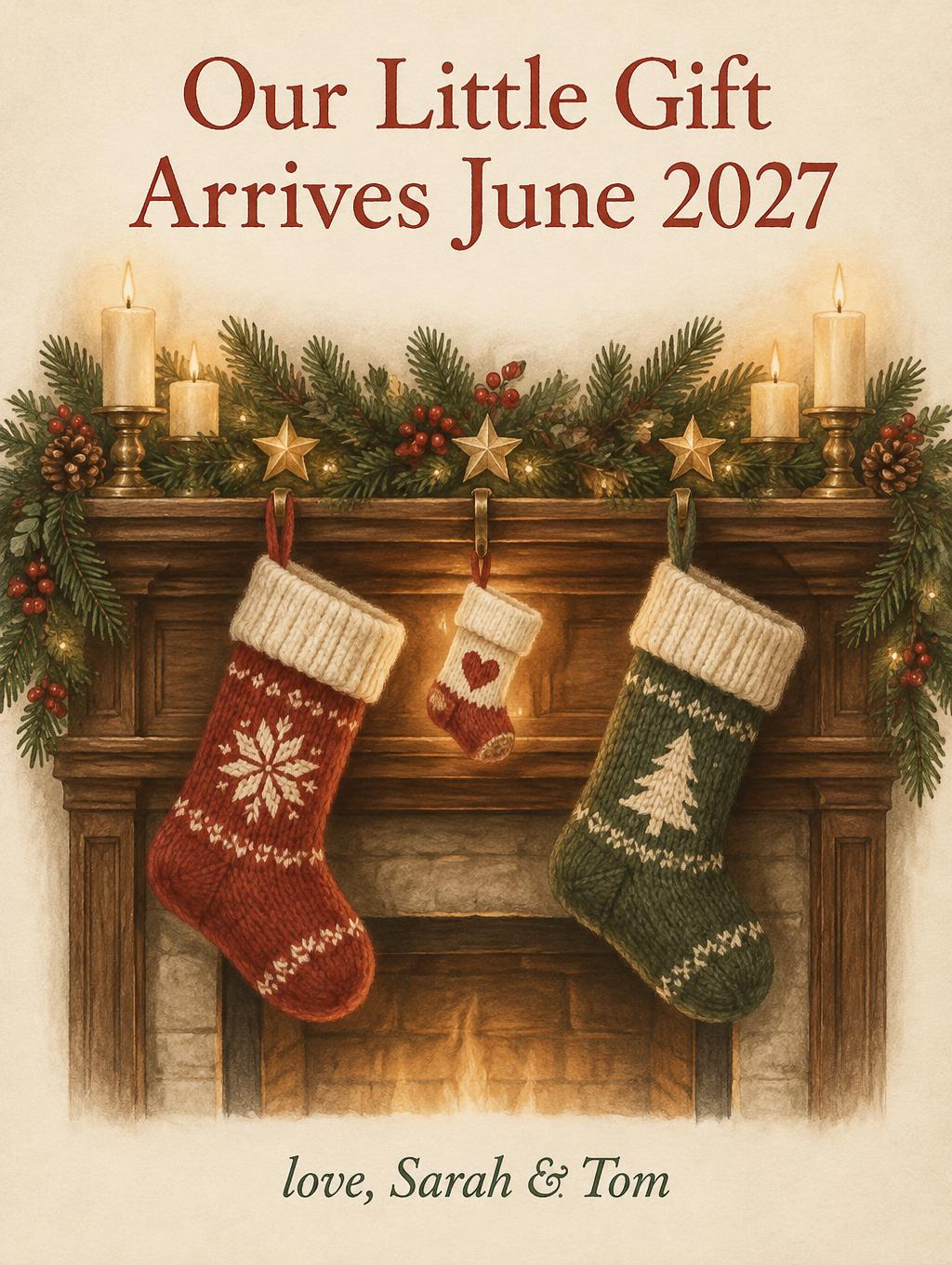 "Our Little Gift Arrives June 2027
love, Sarah & Tom" — Heirloom Christmas | AI Text Effect Generator
