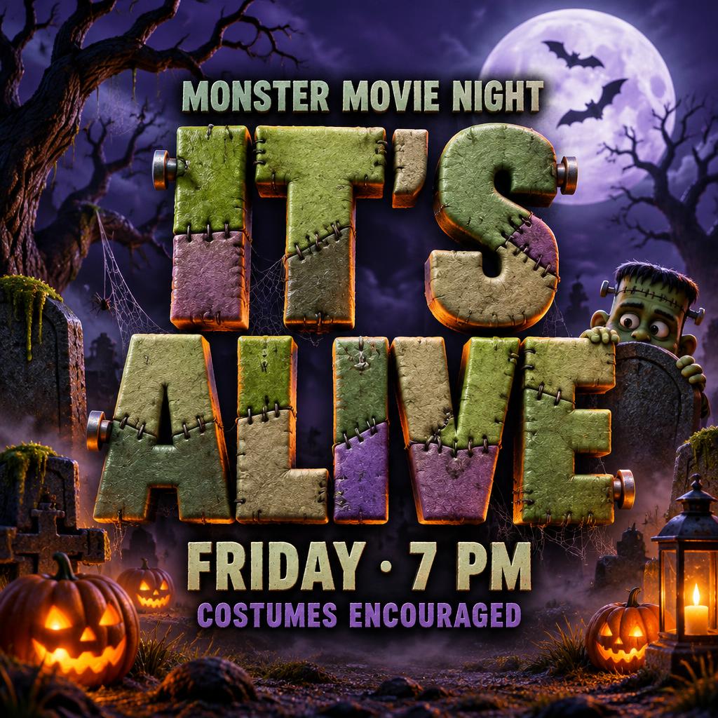 "IT'S ALIVE
MONSTER MOVIE NIGHT
FRIDAY · 7 PM
COSTUMES ENCOURAGED" — Halloween | AI Text Effect Generator