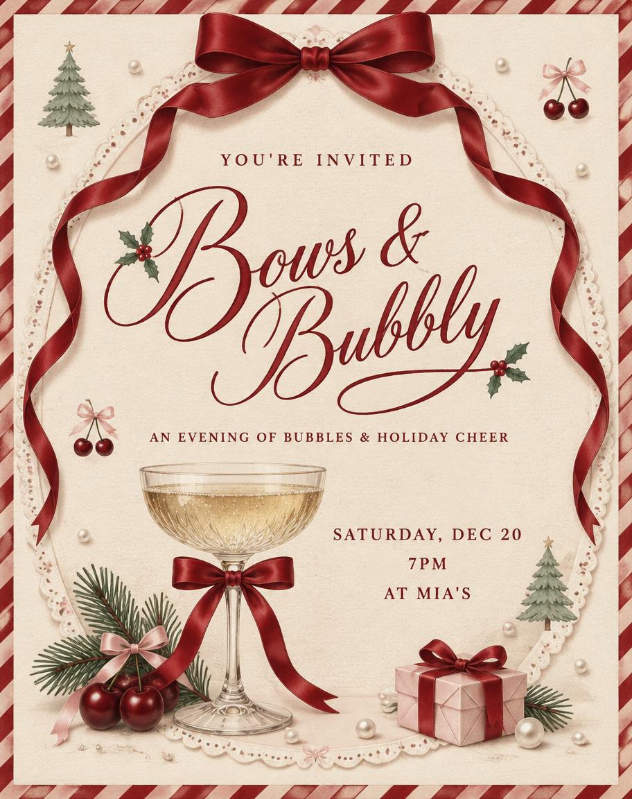 "Bows & Bubbly
YOU'RE INVITED
An evening of bubbles & holiday cheer
Saturday, Dec 20
7PM
At Mia's" — Coquette Christmas | AI Text Effect Generator