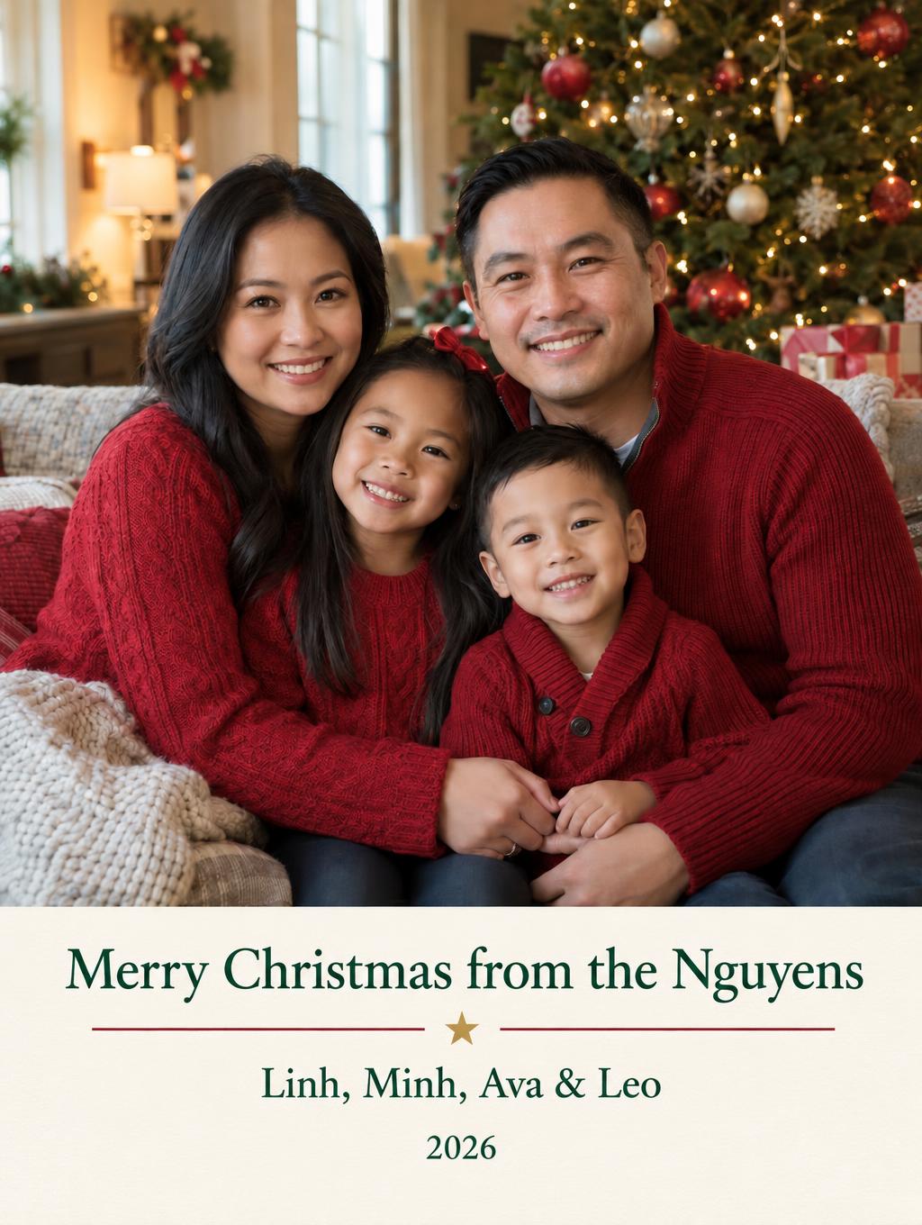 "Merry Christmas from the Nguyens
Linh, Minh, Ava & Leo
2026" — Ivory Keepsake | AI Text Effect Generator