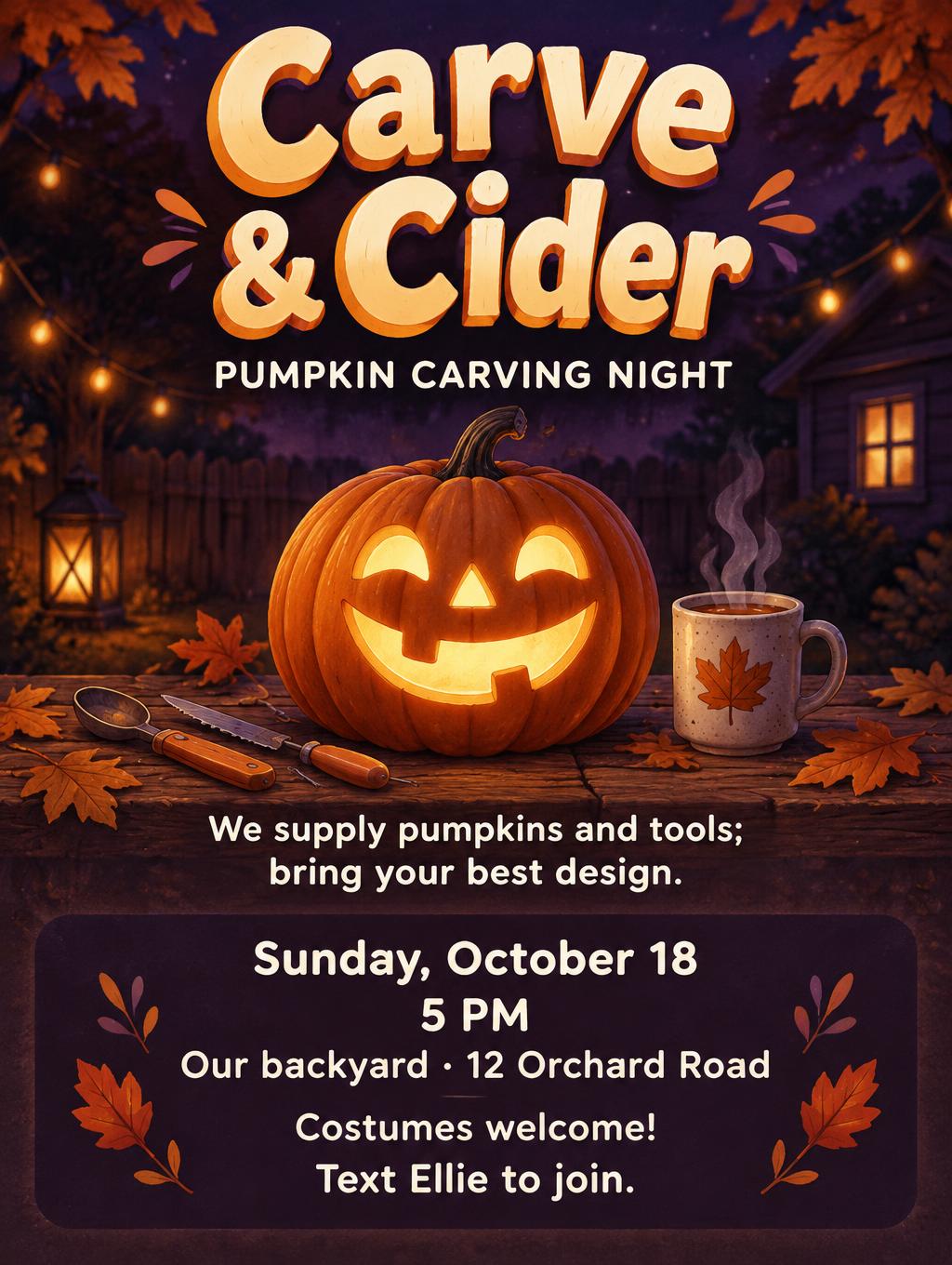 "Carve & Cider
PUMPKIN CARVING NIGHT
We supply pumpkins and tools; bring your best design.
Sunday, October 18
5 PM
Our backyard · 12 Orchard Road
Costumes welcome!
Text Ellie to join." —  | AI Text Effect Generator