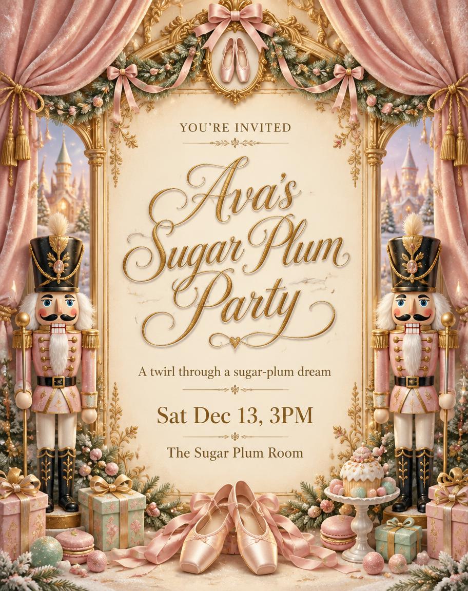 YOU’RE INVITED
Ava's Sugar Plum Party
A twirl through a sugar-plum dream
Sat Dec 13, 3PM
The Sugar Plum Room